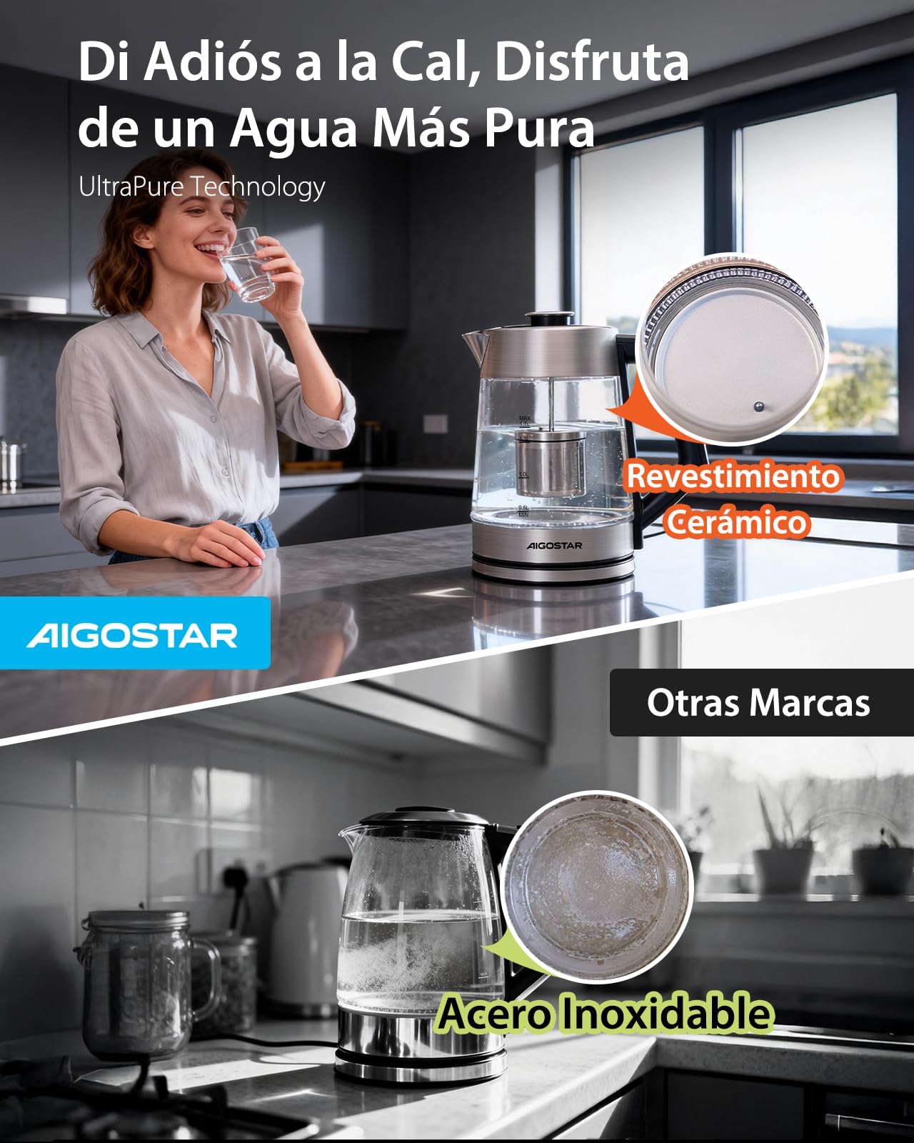 Aigostar Hervidor Agua Electrico con Regulador de Temperatura, Cerámico | Anti-Sarro, 1,7L, 2200W, Libre de BPA, Tetera Electrica de Acero Inox & Cristal, Función Mantener Calor, Apagado Auto