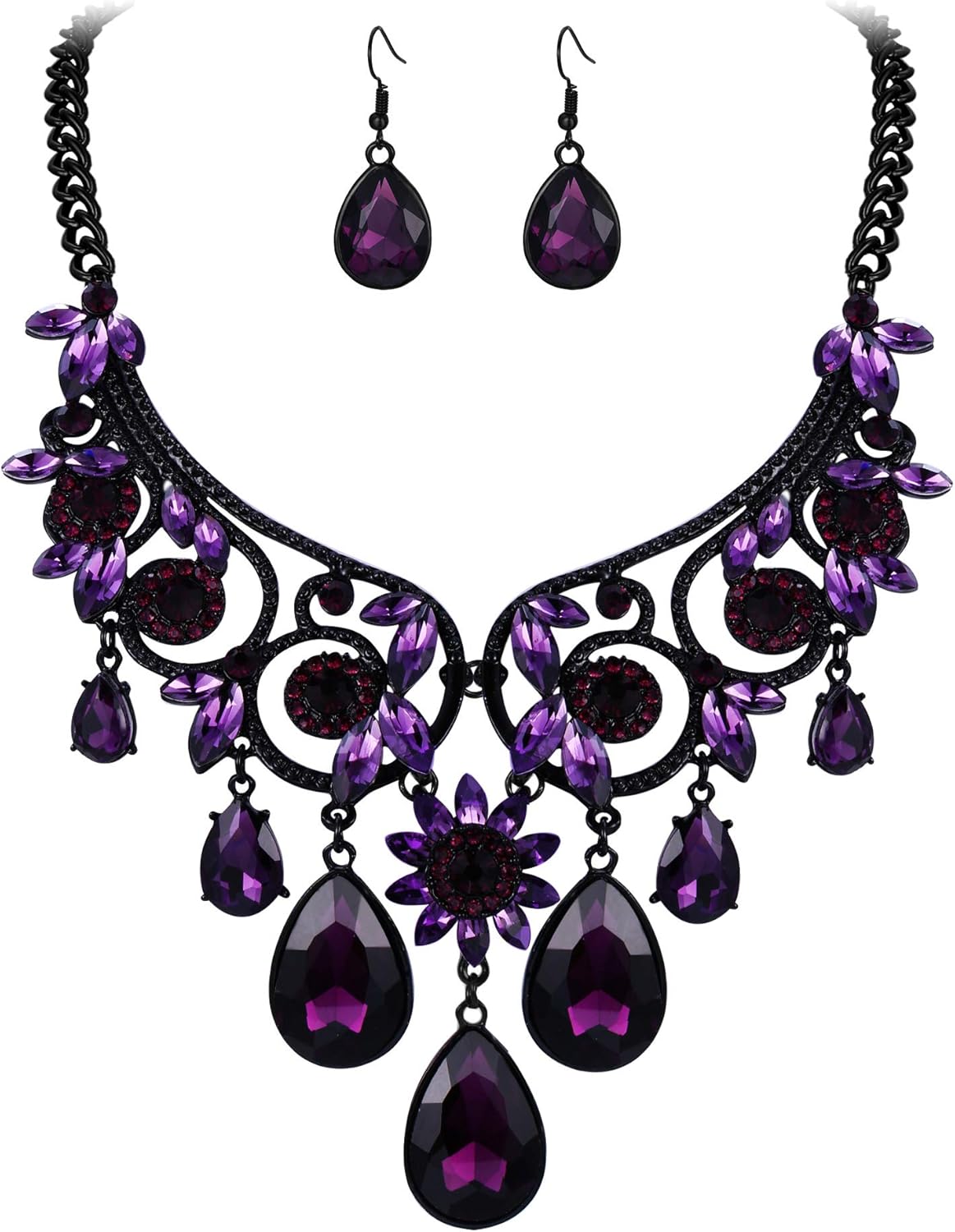 BriLove Women's Tribal Ethnic Crystal Chunky Statement Necklace Dangle Earrings Set - Bohemian Party Jewelry