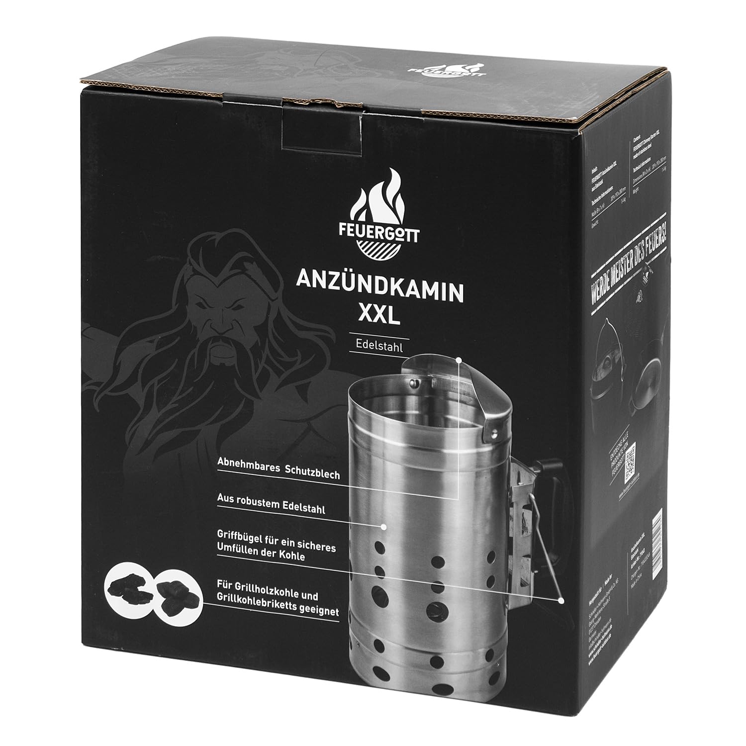 Anzündkamin Premium XXL Edelstahl - Grillanzünder mit natürlichem Zugmechanismus für Holzkohle, Briketts und BBQ-Grill, hitzebeständiger Griff mit Hitzeschild, 32x19x30,9 cm