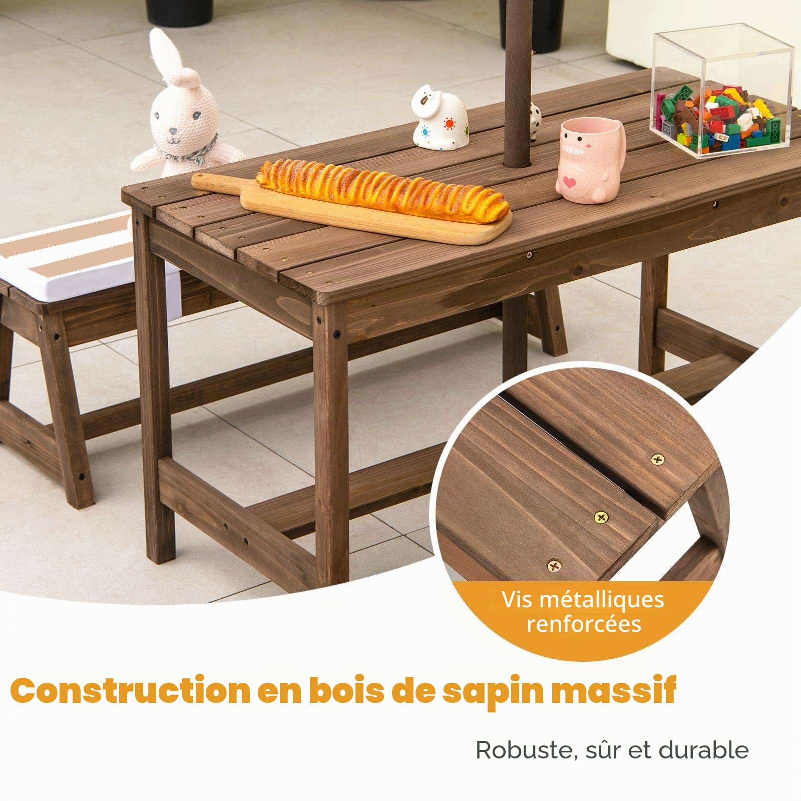 KOMFOTTEU Ensemble Sièges pour Enfant, 2 Bancs et Parasol réglable, Brun
