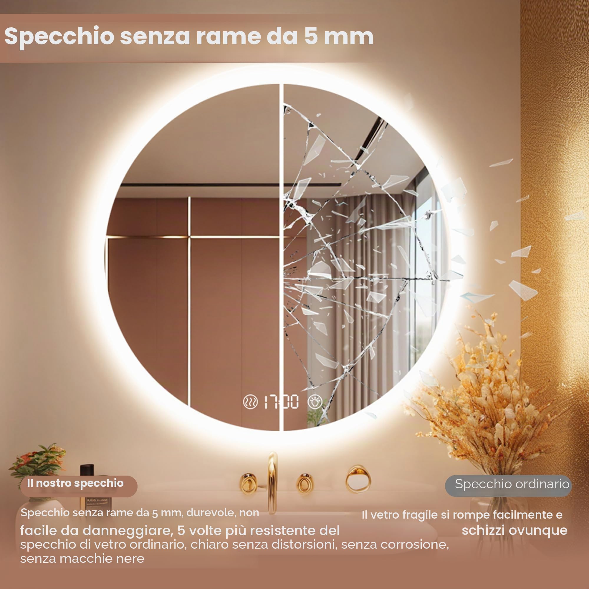Specchio da Bagno a LED Rotondo, 70x70 cm, con Illuminazione Dimmerabile, Interruttore Touch e Funzione Anti-Appannamento, Specchio bagno con luce Bianco Caldo/Bianco Freddo/Neutro