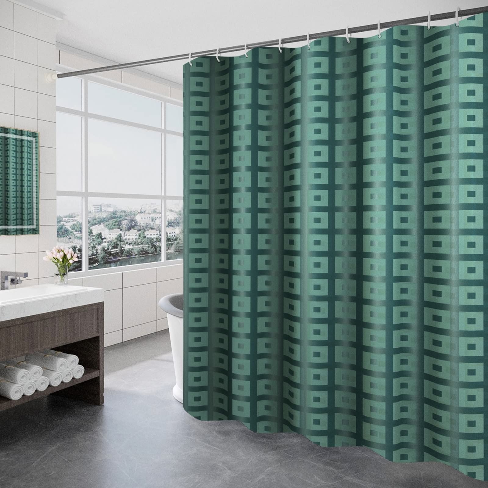 Rideau de douche bleu malachite 260x200cm imperméable avec anneaux KnSam