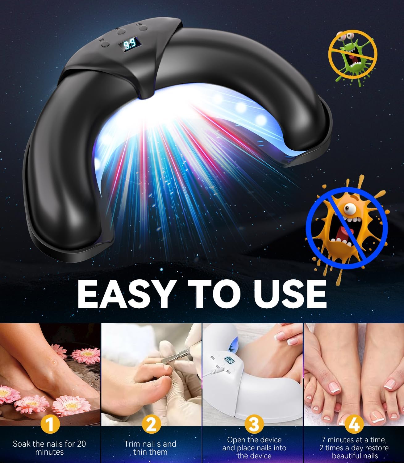 2025 6.0 Upgrade Nagelpil Lasergerä【mit Zeitanzeige - 30s/60s/99s】Faltbares Gerät Nagelpilz Lasergerä 905nm Infrarotlicht/470nm Blaulicht und geeignet für den Heimgebrauch(Schwarz)