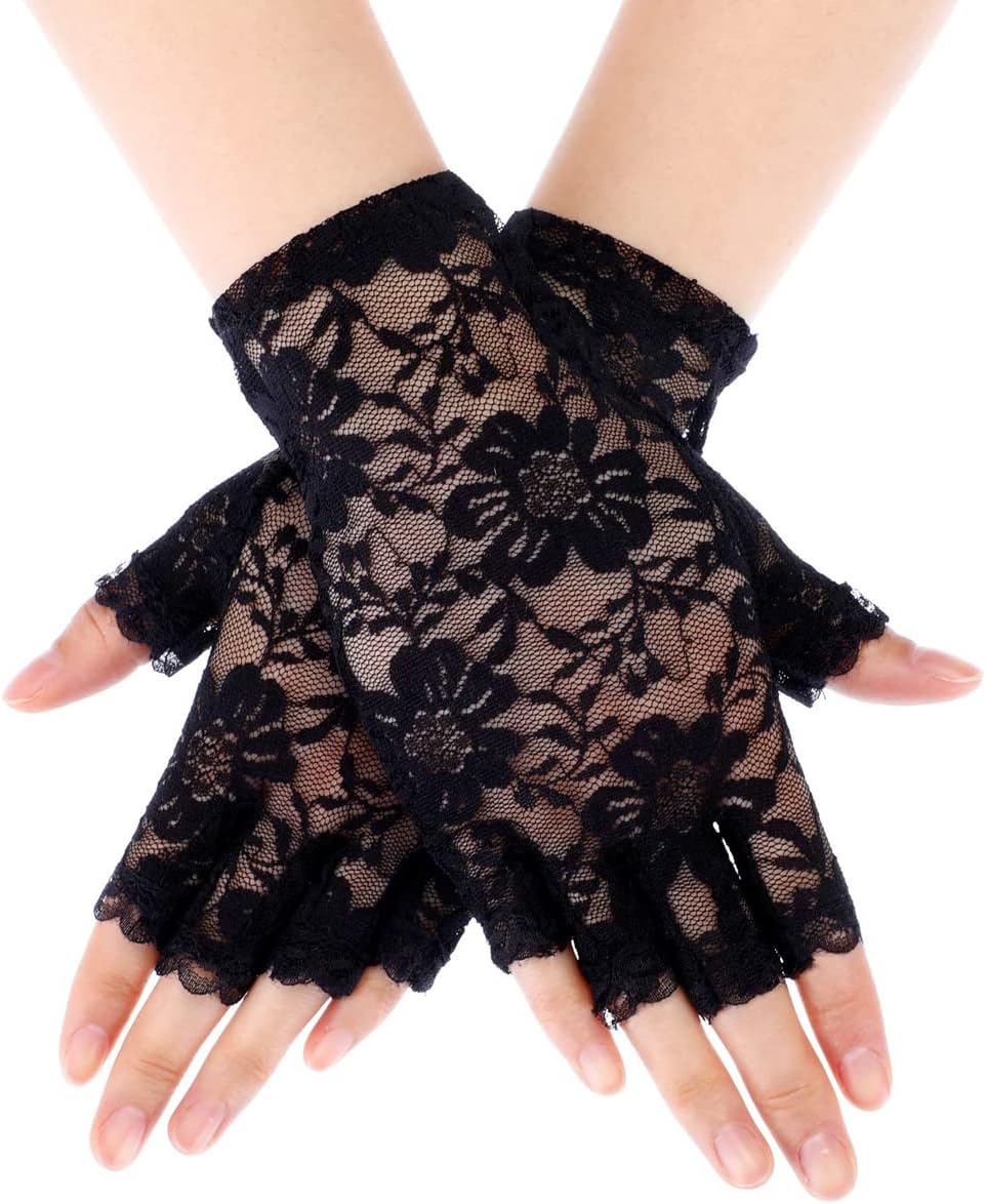 Ladies Half Finger Lace Gloves - Short Floral Bridal Gloves for Women