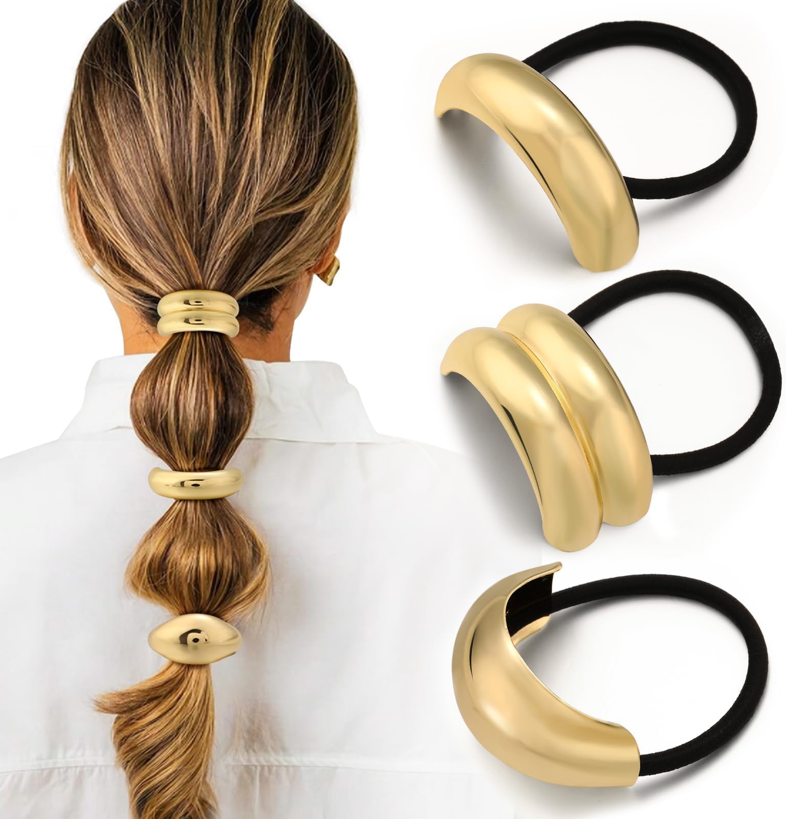 Yougeigy 3PCS Gold Metal Geometric Elastic Hair Ties, Non-Damage Ponytail Holders, 3 Styles in Box for Women's Hair