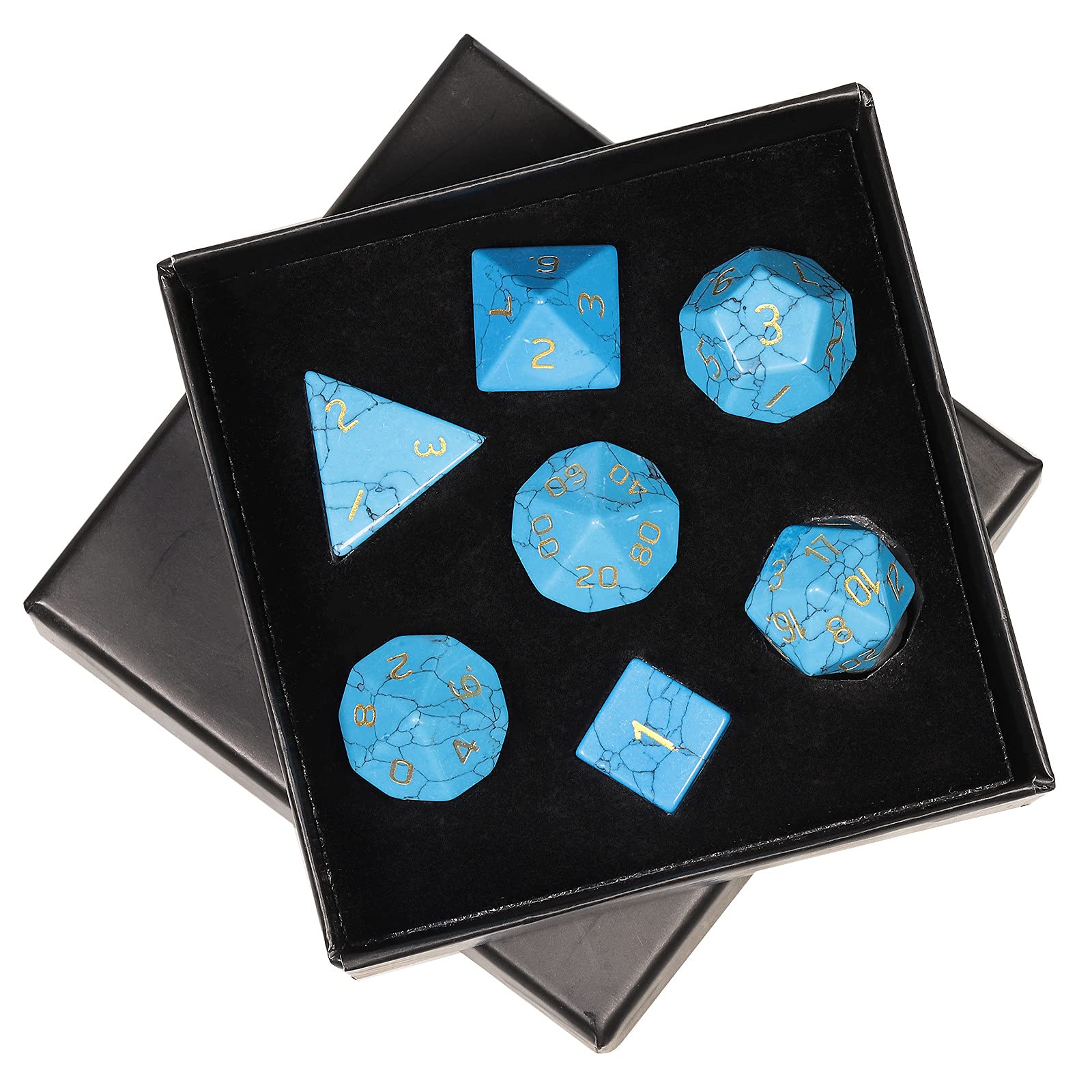 mookaitedecor 7 PCS Blue Howlite Turquoise Crystal Polyhedral DND Dice Set, Polished Tumbled Stones Dices for RPG MTG Table Games Home Decoration