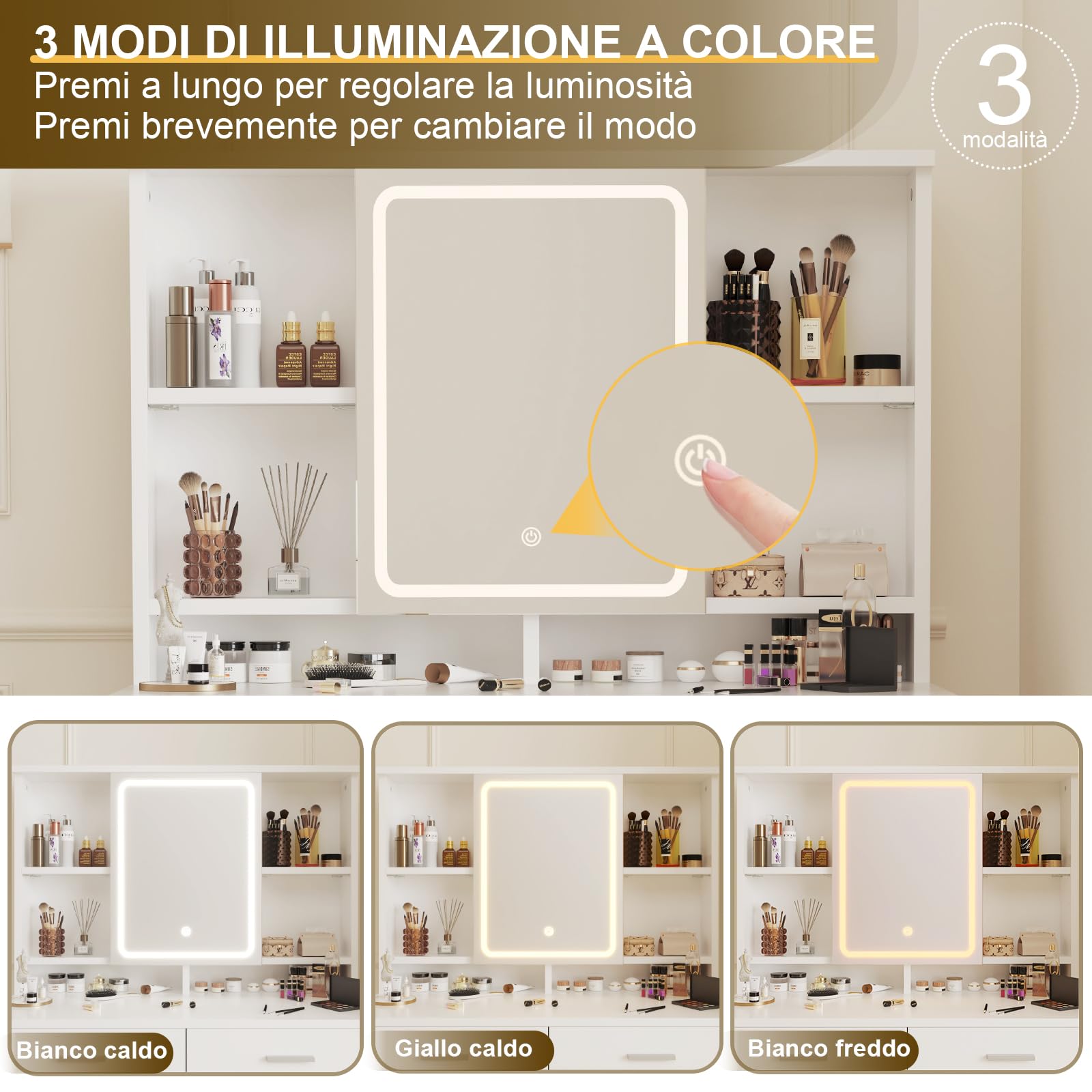 Airfish Toeletta da Trucco con Luci,3 Colori con Luminosità Regolabile,Postazione Trucco con Sgabello,Tavolo da Trucco con 2 Cassetti, Moderno Bianco