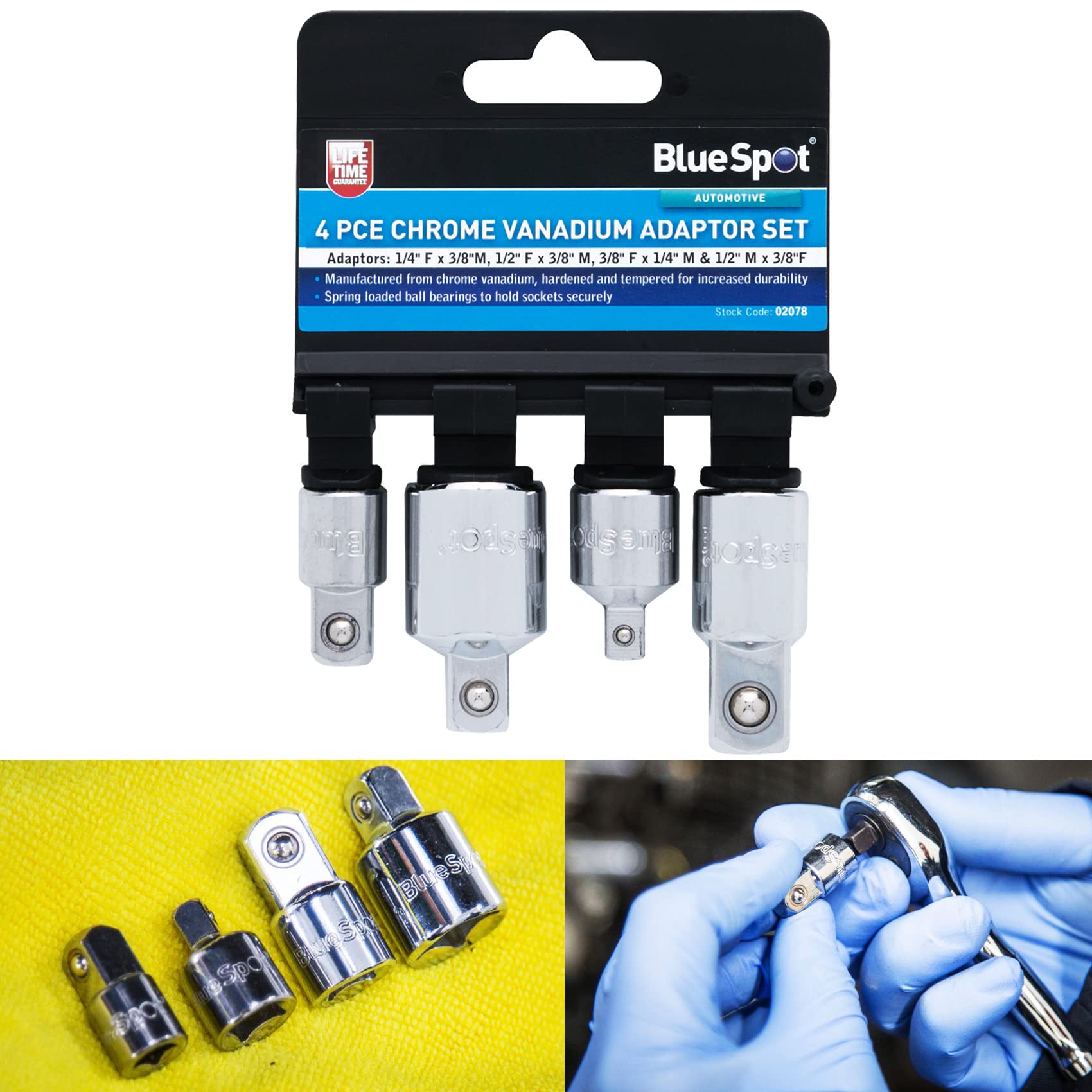 4 x BlueSpot Adapter Set | Socket Converter | Reducer | Ratchet | M/F | 1/2" 1/4" 3/8" | Drive | Bolt | Heavy Duty | Garage | Workshop | Vehicle | DIY | Repair | Accessories | UK Free P&P