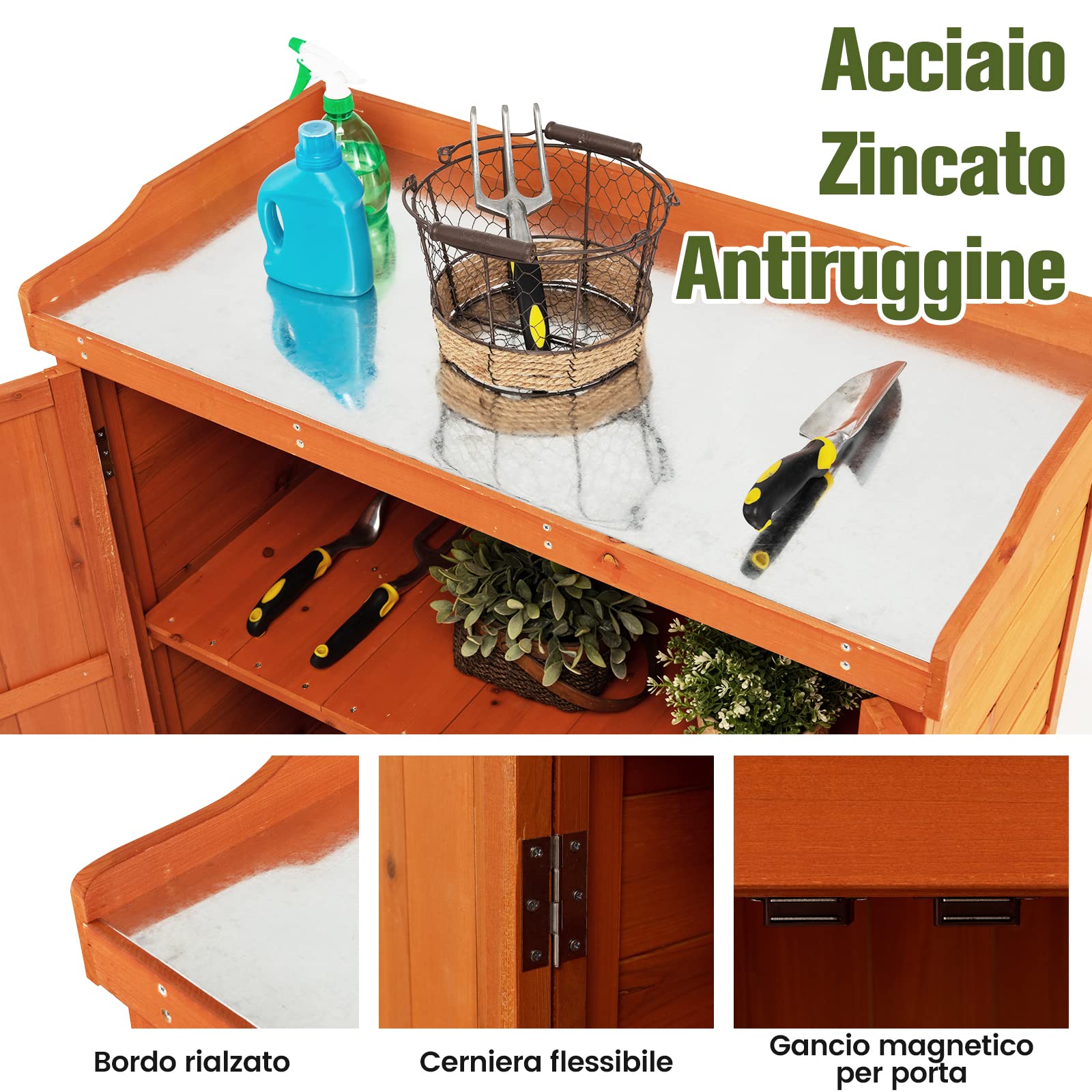COSTWAY Armadio da Esterno in Legno, Casetta da Giardino con Ripiano Rimovibile e 4 Ruote Universali, Capanno Porta Attrezzi da Esterno e da Interno, 98,5 x 48 x 100 cm