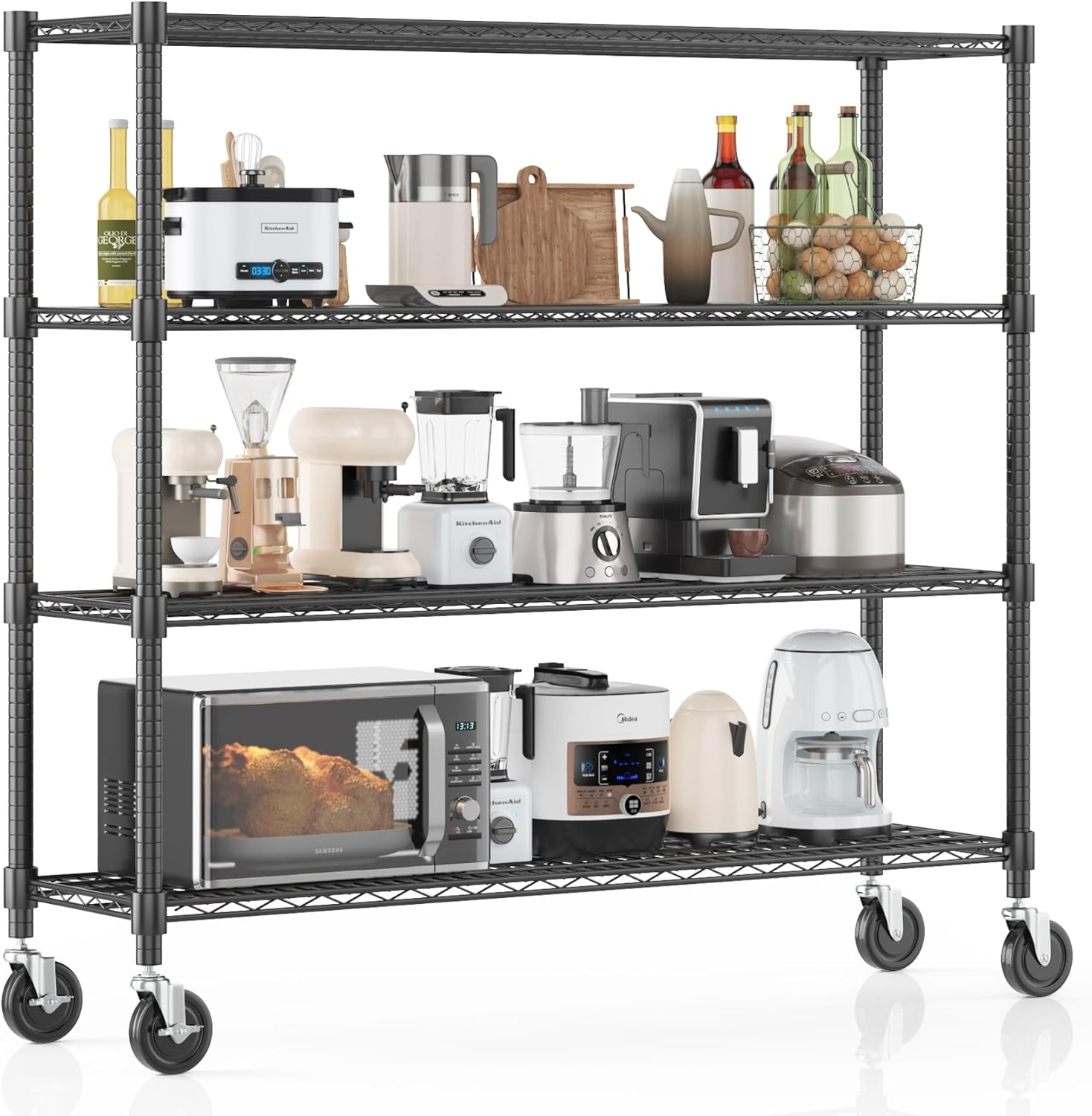 Homdox 4 Tier Heavy Duty Metal Wire Shelving with Wheels, 2400 lbs Capacity Garage Storage Rack, Rolling Industrial Storage, Adjustable Commercial Shelves for Kitchen, Warehouse, 18"x60"x72", Black