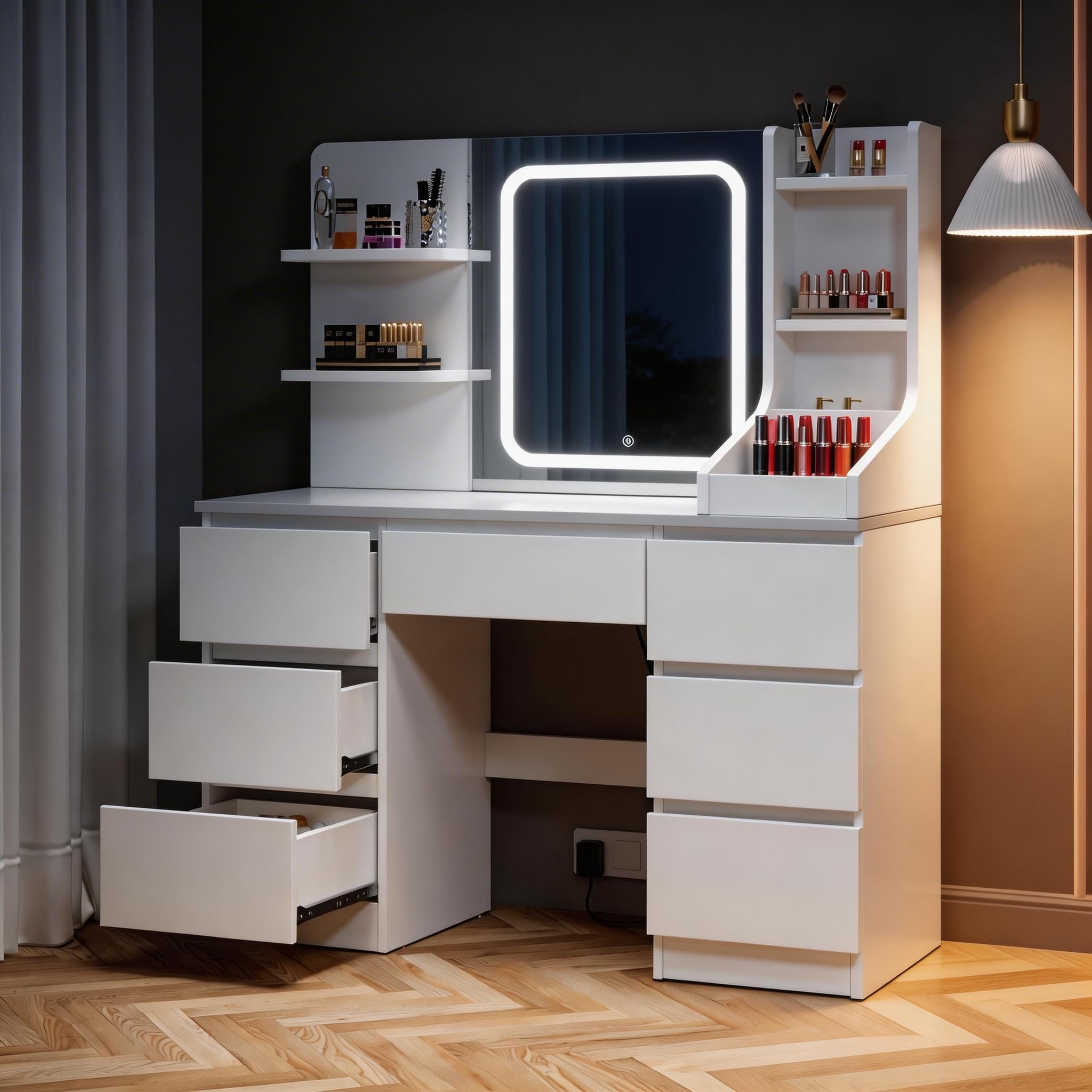 Devoko Große Schminktisch mit Beleuchtung und LED Verstellbaren Helligkeit, Schminktische mit Spiegel und 7 Schubladen, 7 offenen Ablagen, für das Schlafzimmer 110x40x140cm, Weiß