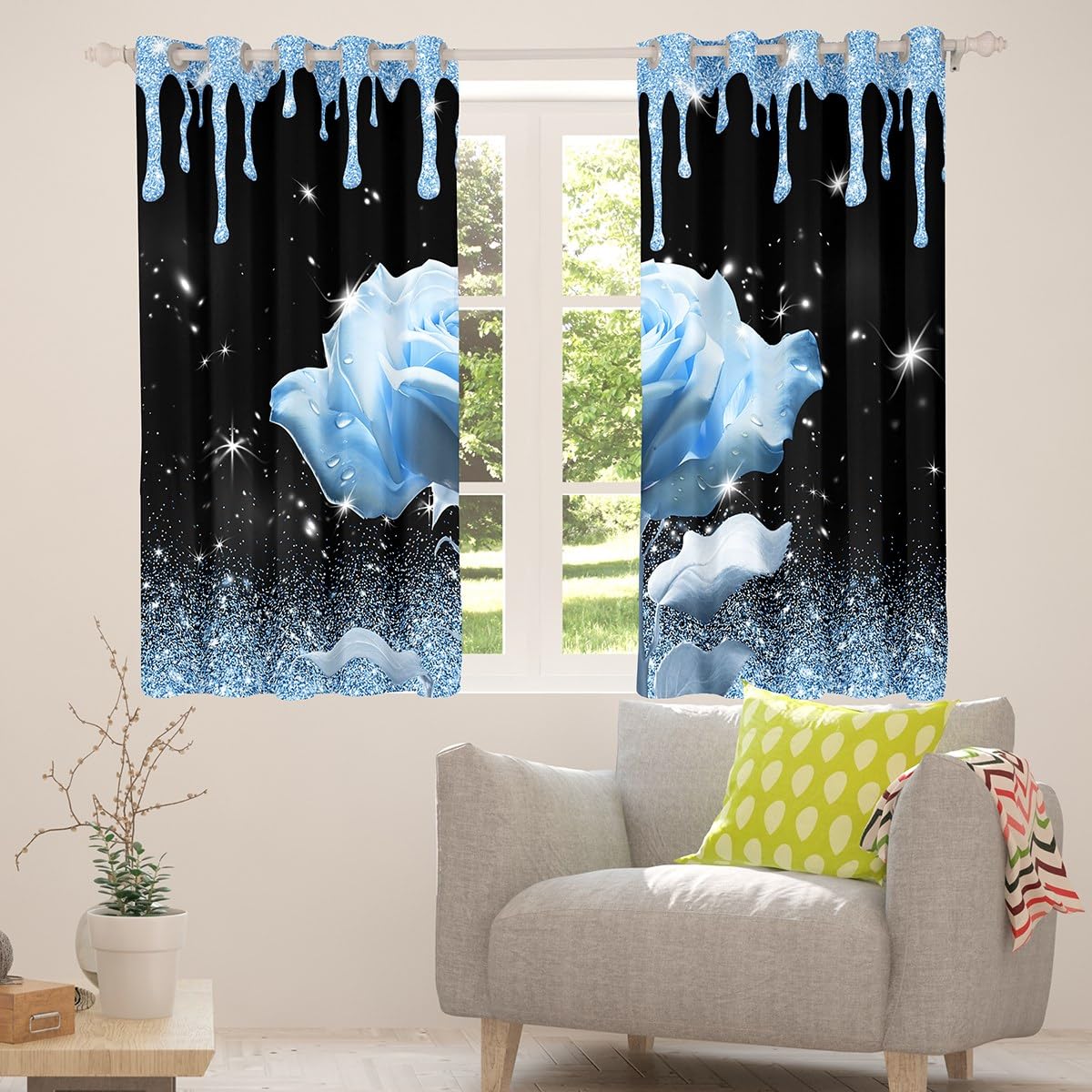 Manfei 3D Blue Rose Blackout Curtain Blue Glitter Print(No Glitter) Window Treatments - Image 4