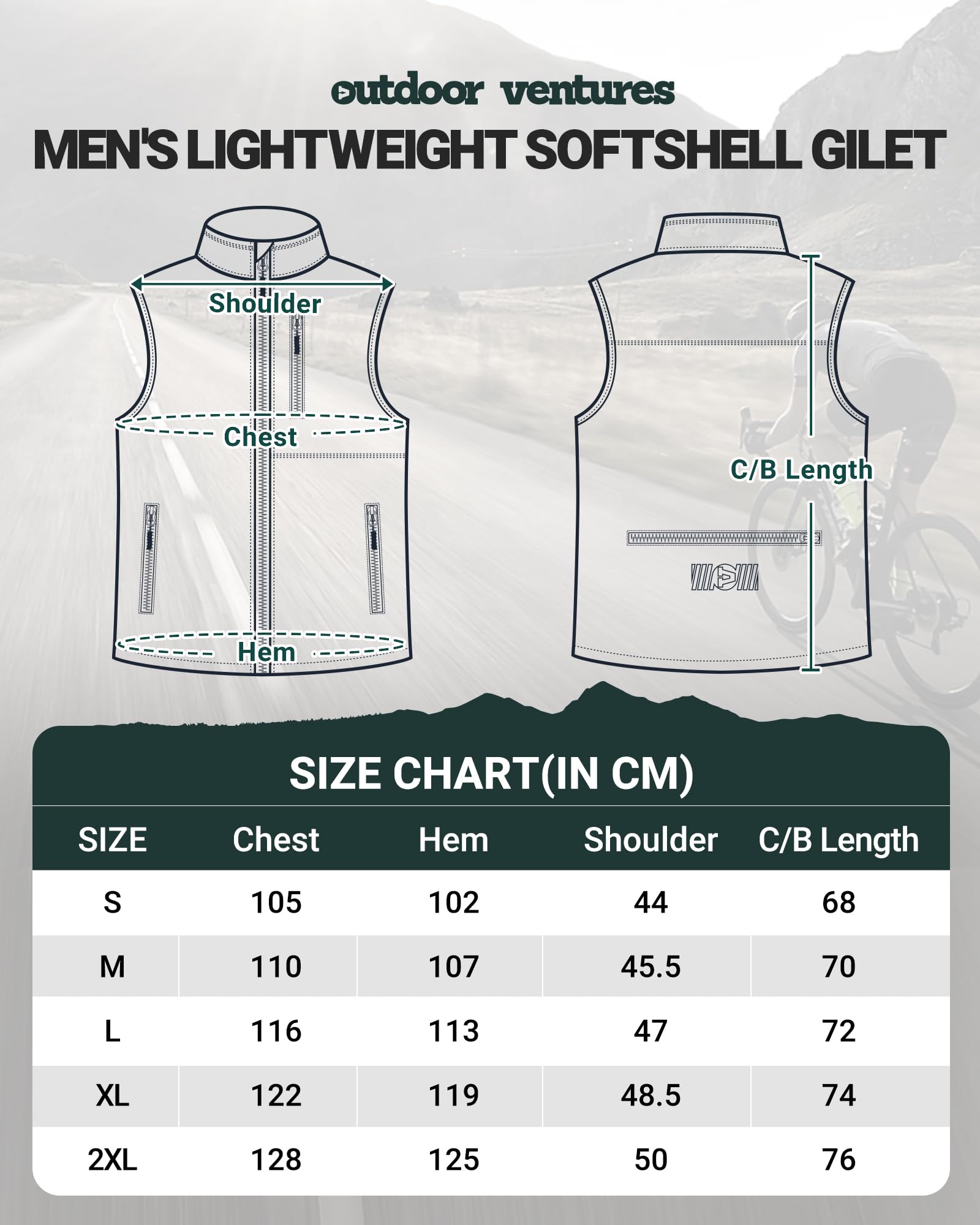 Outdoor Ventures Gilet softshell pour homme - Veste de cyclisme imperméable coupe-vent sans manches - Fermeture éclair intégrale - Respirant