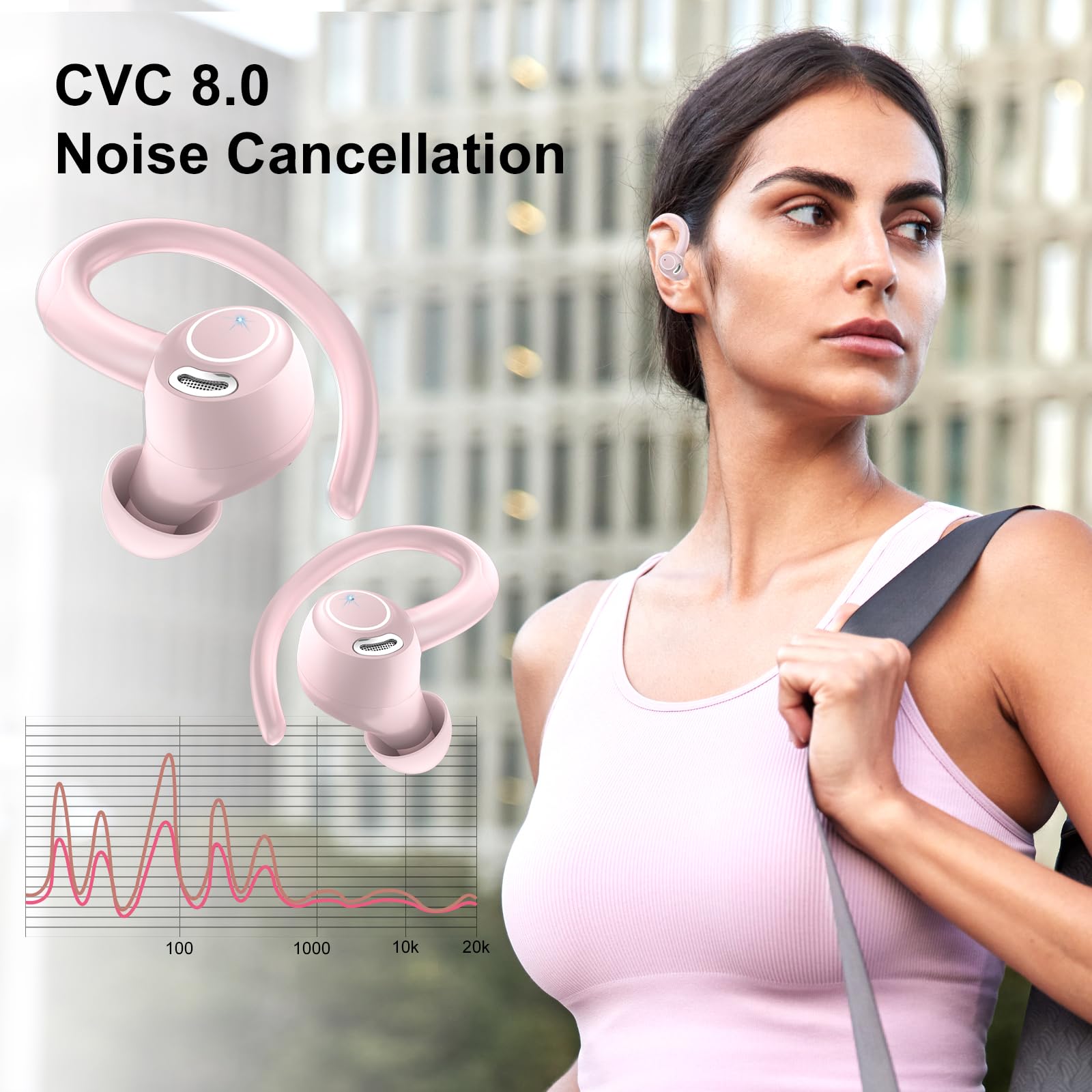 Csasan Headphones Wireless Earbuds Sport, Bluetooth 5.3 Ear Buds Over-Ear 3D Stereo Headset with Earhooks, 48H Wireless Earphones with HD Mic, IP7 Waterproof Earbud for Workout/Sports/Running Pink