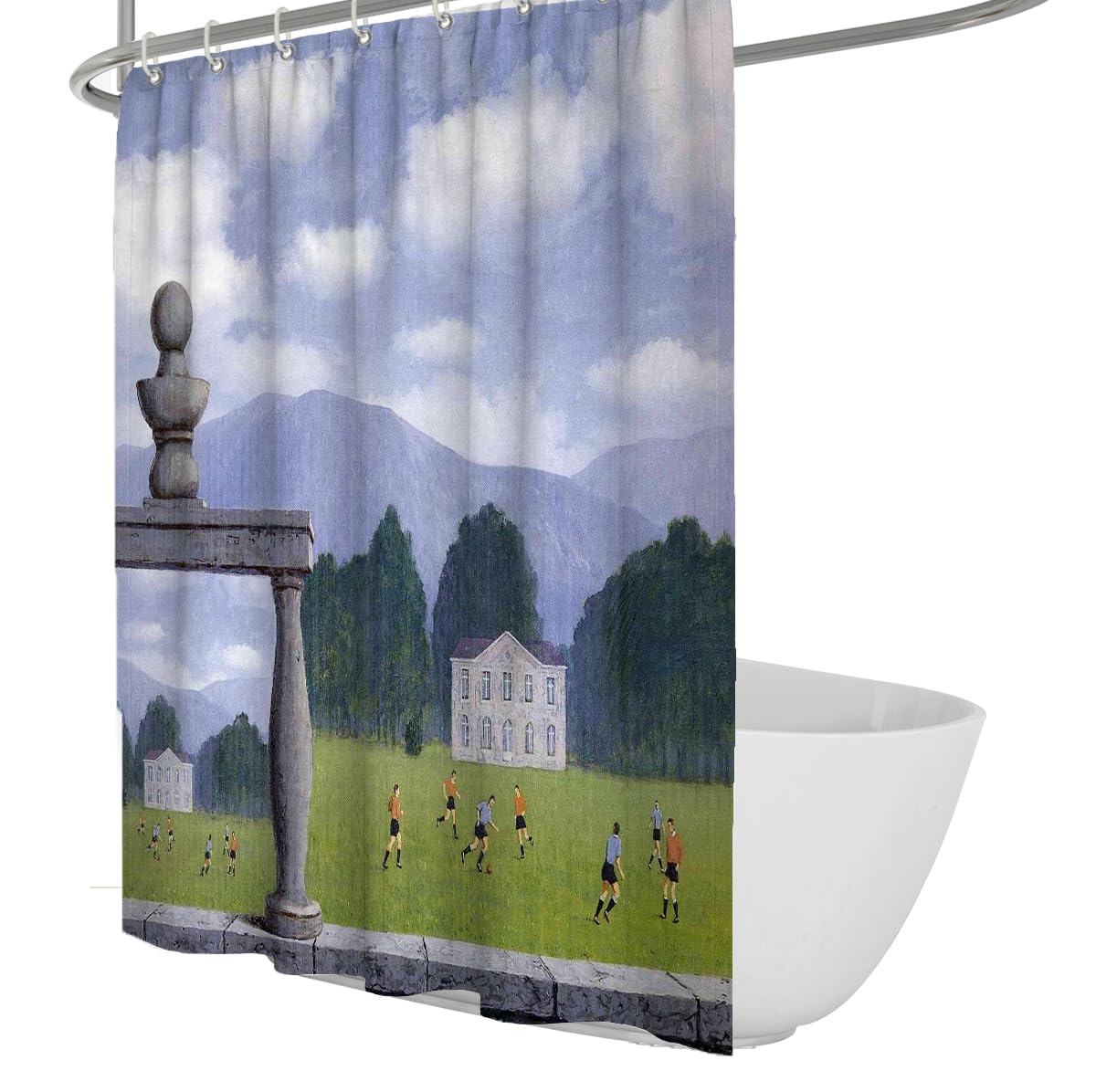 Surrealismus Duschvorhang Fußballspiel auf dem Rasen Berühmte Malerei Druck Wasserdichter Polyestergewebe Badevorhang Set mit Haken 200 x 240 cm