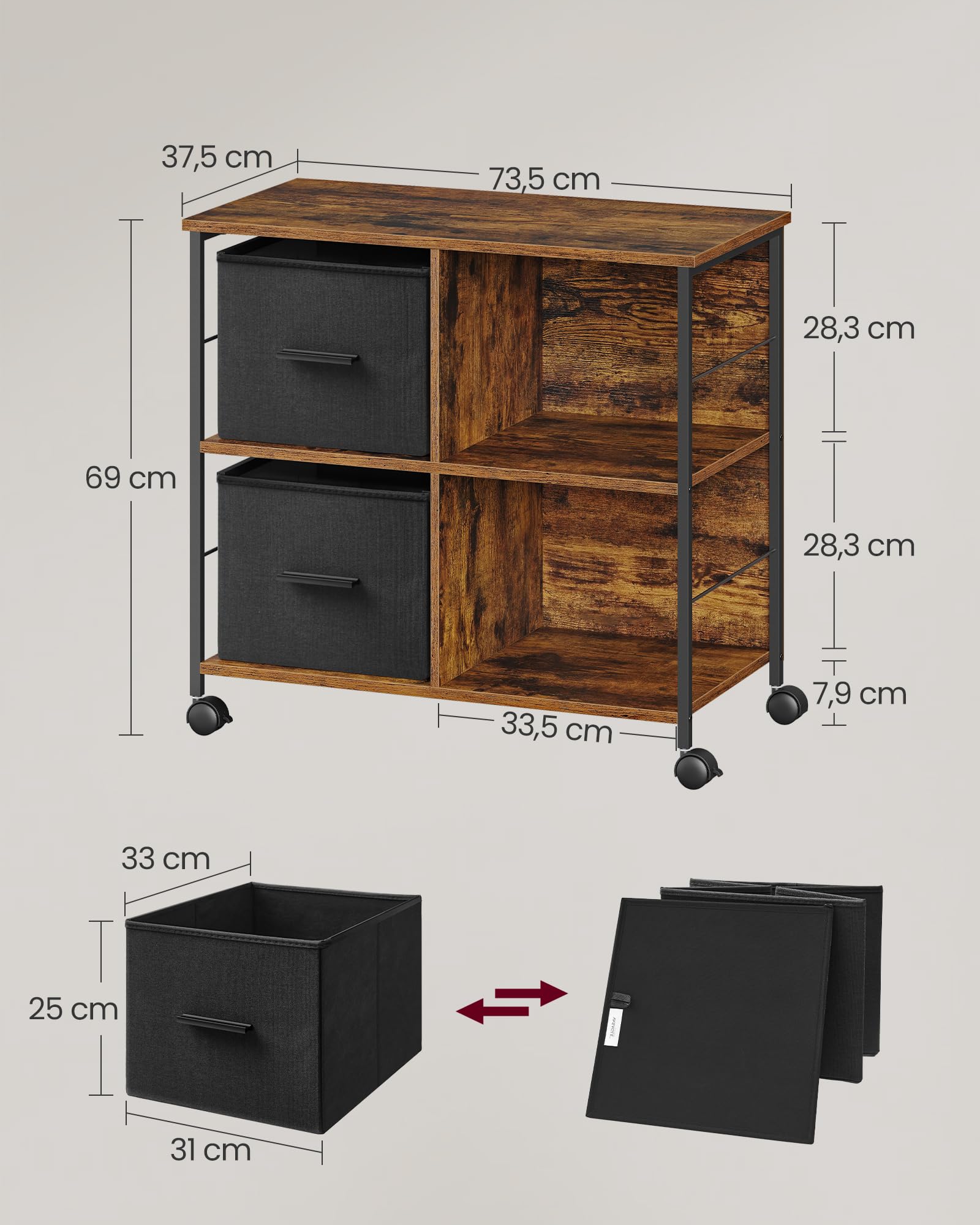 VASAGLE Caisson Bureau, Support pour Imprimante, Mobile, 2 Tiroirs en Tissu, Montage Facile, Étagères Ouvertes, pour Format A4, Dossiers Suspendus, Bureau, Marron Rustique et Noir d'encre OFC057B01