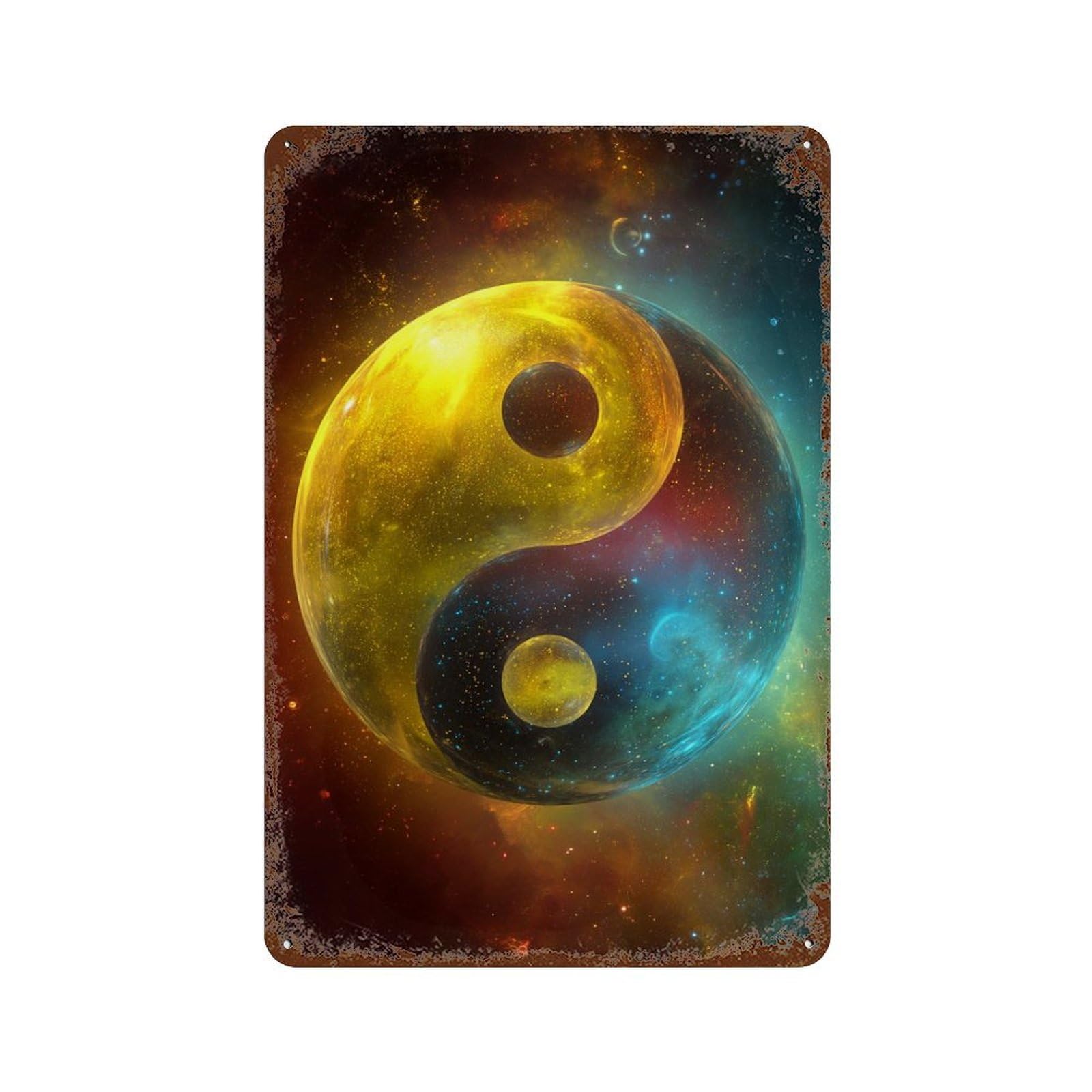 Cosmic Yin Yang Symbol-3 11.8"x7.9" Weathered Tin Sign, Rustic Home Decor for Living Room, Hallway And Home Decor
