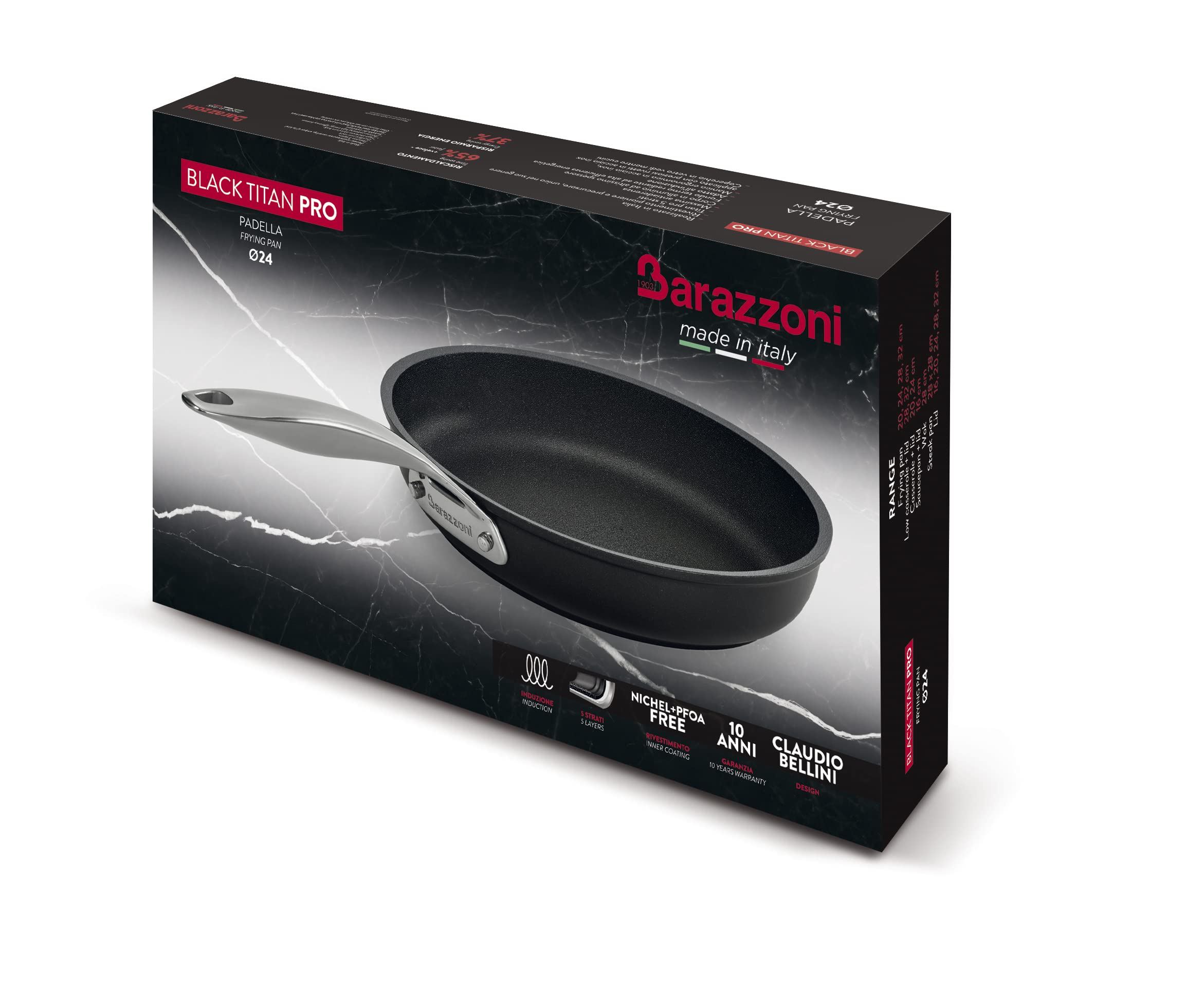Barazzoni Padella ø28 cm, Rivestimento 5 strati Titan Pro, Alluminio antiaderente, Made in Italy, Induzione+Gas, Linea Black Titan Pro