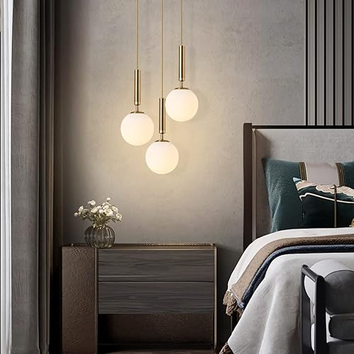 Miniatura 9 de KCO Iluminación colgante de 3 luces en racimo de iluminación colgante de globo dorado de mediados de siglo, lámpara colgante grande de vidrio blanco