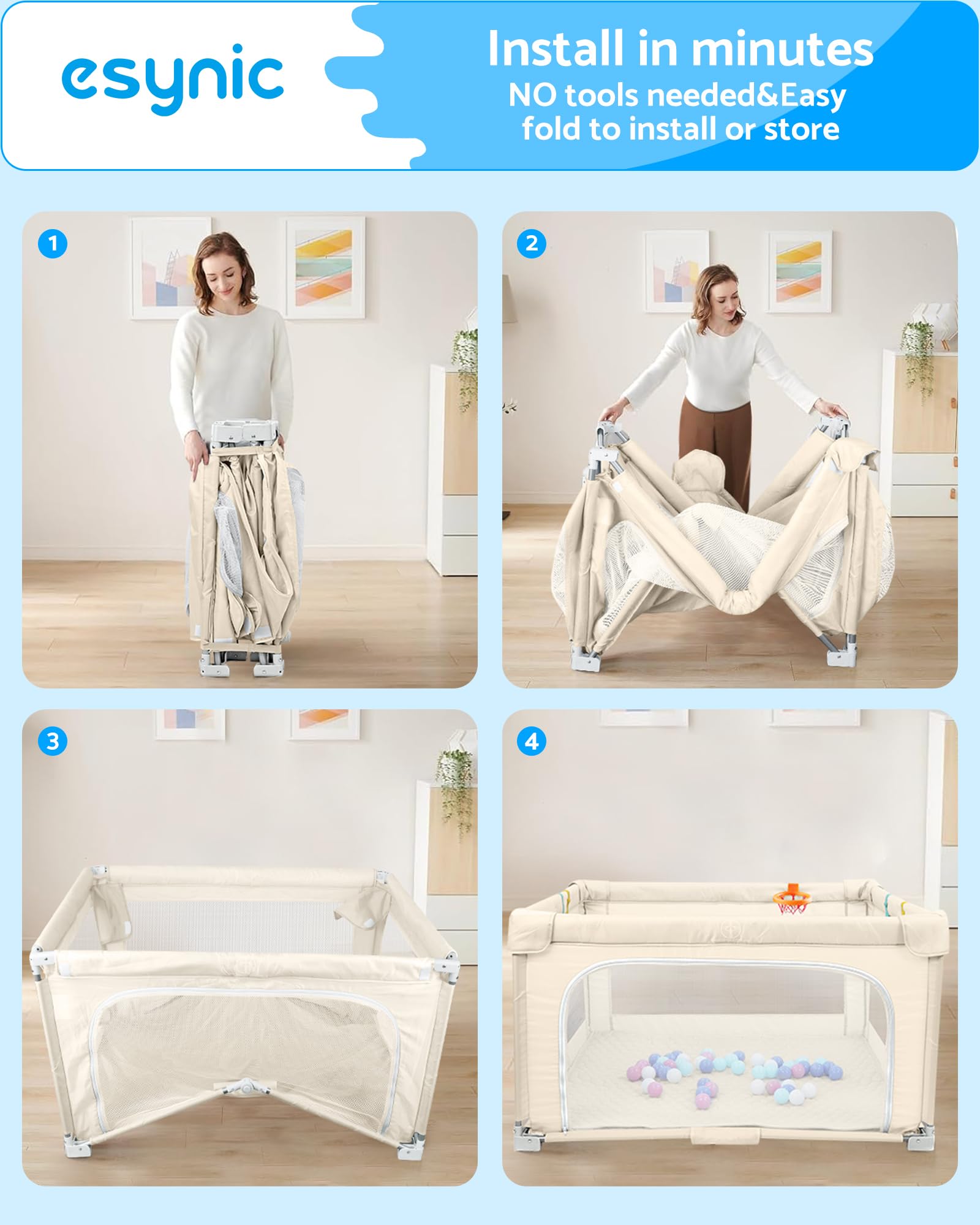 eSynic Kojec dla dzieci 120 x 120 cm z zmywalną matą, modułowe składane ogrodzenie dla niemowląt z koszem do koszykówki i kulkami, przenośny Playpen dla dzieci do podróży z widoczną siatką - beżowy