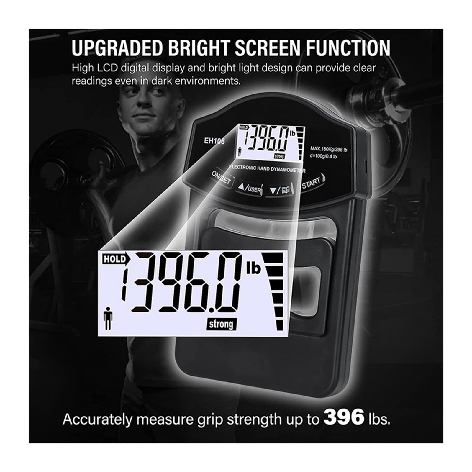 Dinamómetro, Dinamómetro digital de mano con pantalla LCD USB, medidor fuerza agarre 180 kg (396 lb)