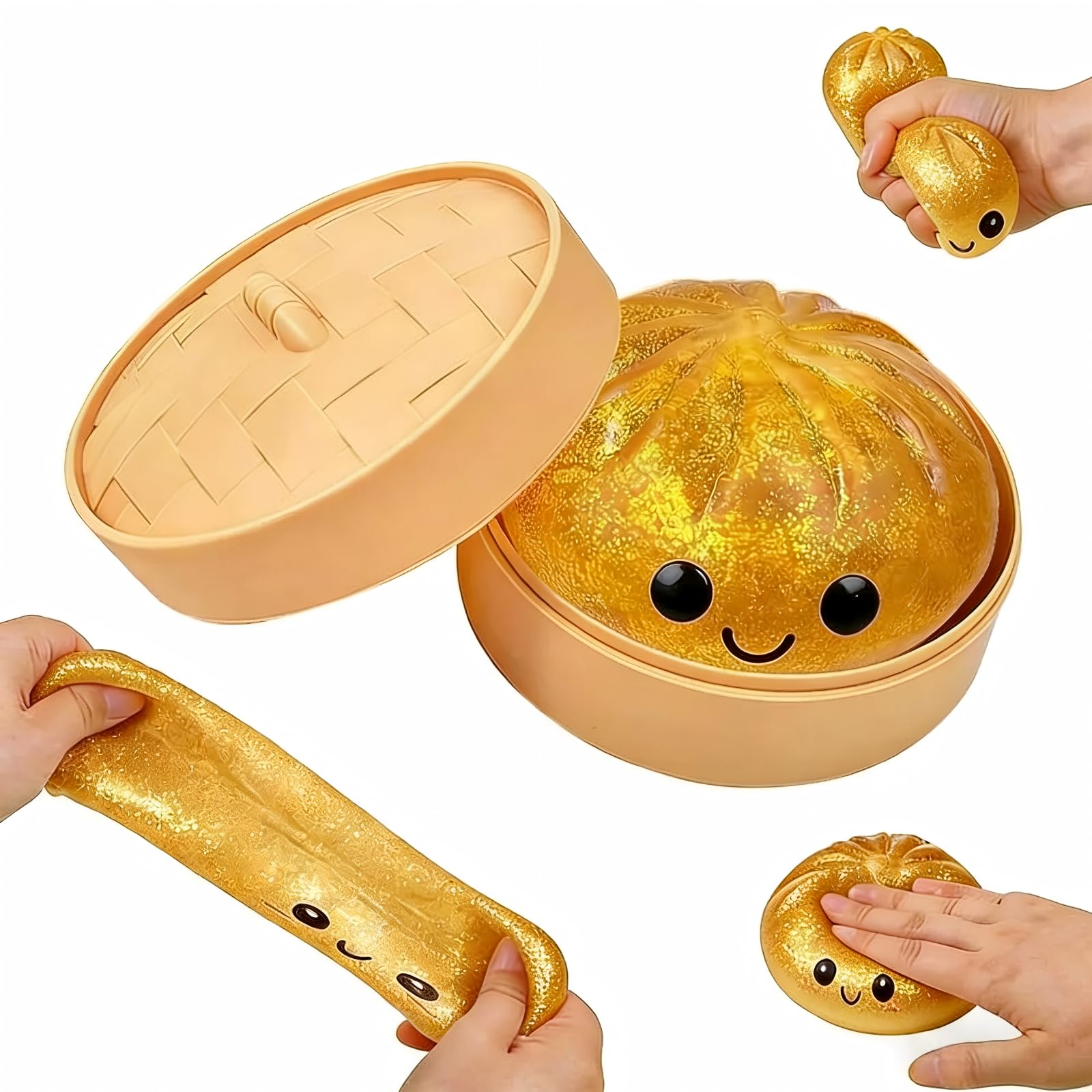 JOJOHOMY Dumpling Squishies, Glitter Dumpling Toy, Colorful Dumplings Stress Relife Toy, Stuffers with Food Steamer Desk Toys (1 Pack Gold)
