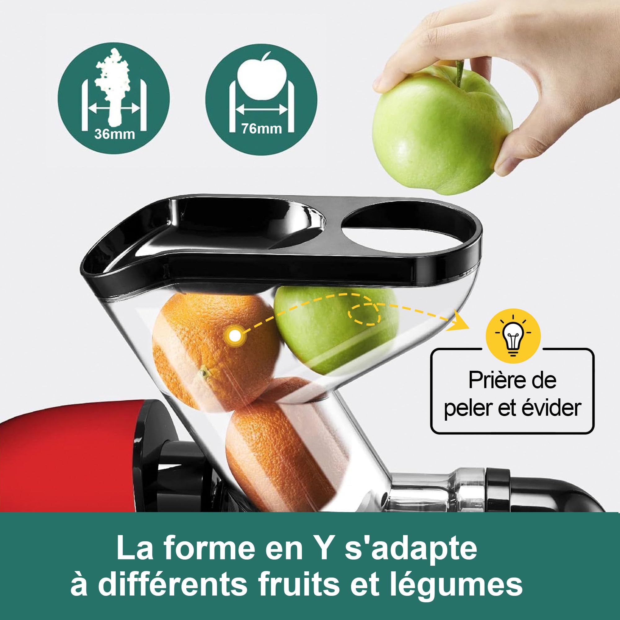 Fretta Extracteur de Jus à Pression à Froid, Goulotte 76 mm, Presse-agrumes sans BPA, Rouge