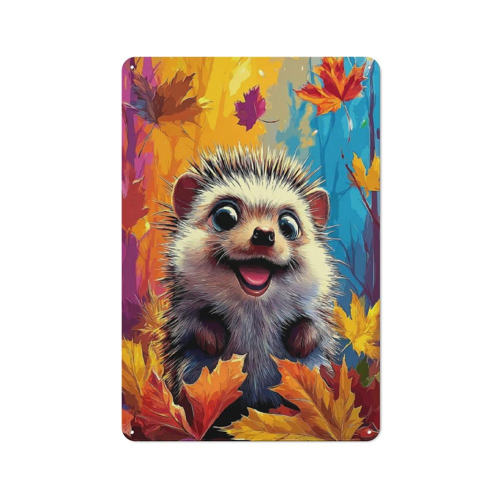 Junmoney Autumnal Hedgehog Delight Simple Retro Metal Wall Plaque 30X20cm, Creative Space Decor For Office, Study, Studio Or Hallway