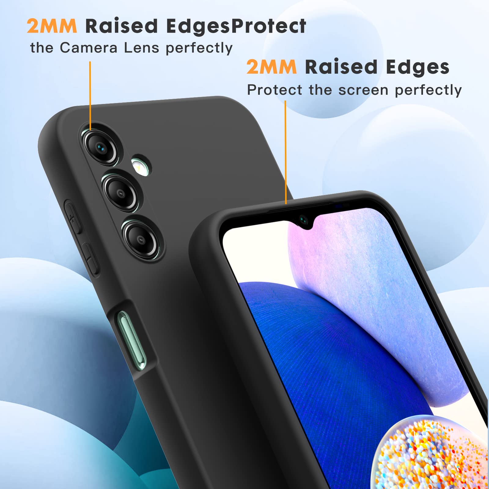 Vansdon Cover Compatibile con Samsung Galaxy A14 4G/5G, 2 Pellicola Protettiva in Vetro Temperato, Gomma Gel di Silicone Liquida Antiurto Custodia - Nero