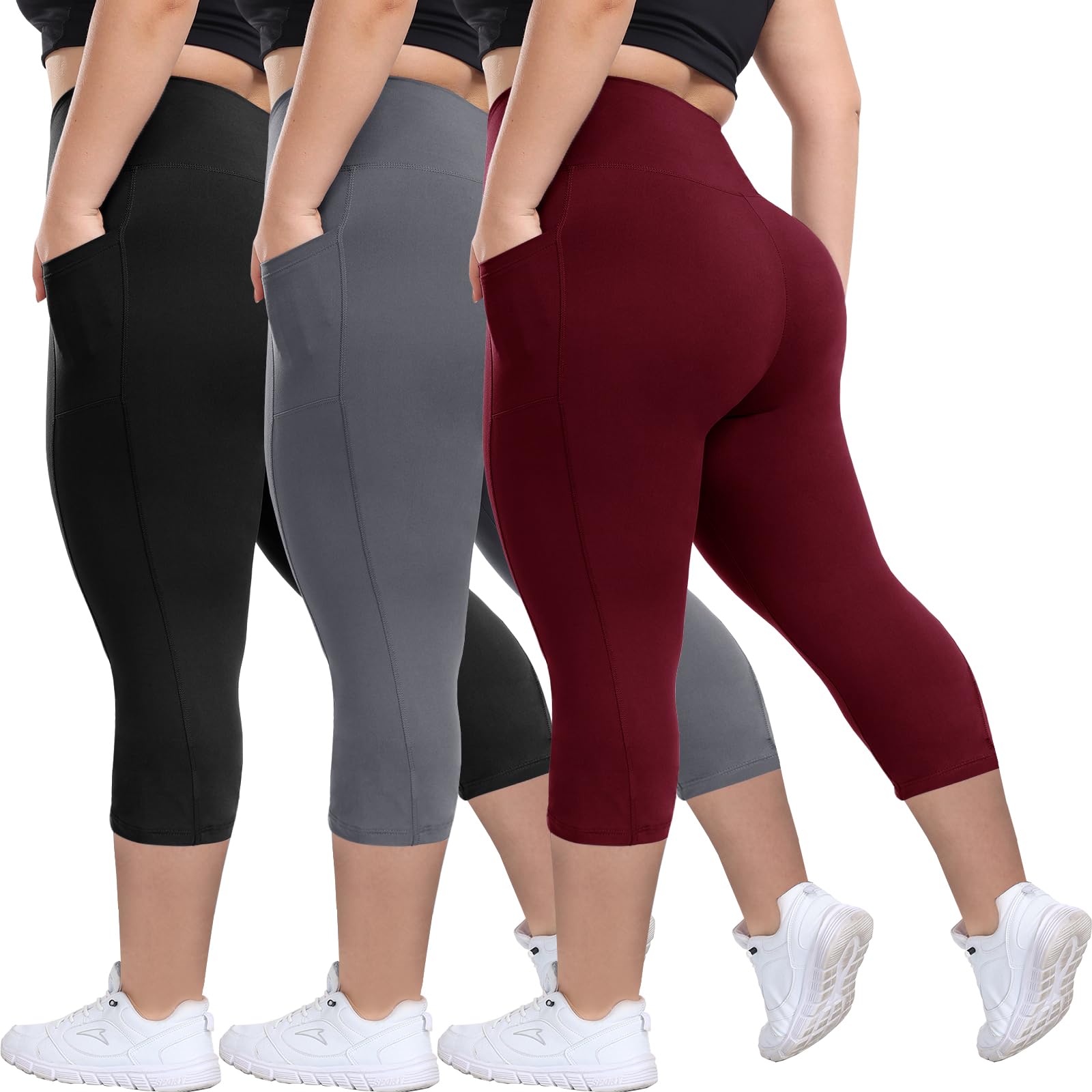 HLTPRO Lot de 3 leggings grande taille avec poches pour femme – Noir Taille haute Contrôle du ventre Pantalon de yoga doux pour salle de sport et entraînement, Capri-noir/gris/bordeaux, L/XL- plus