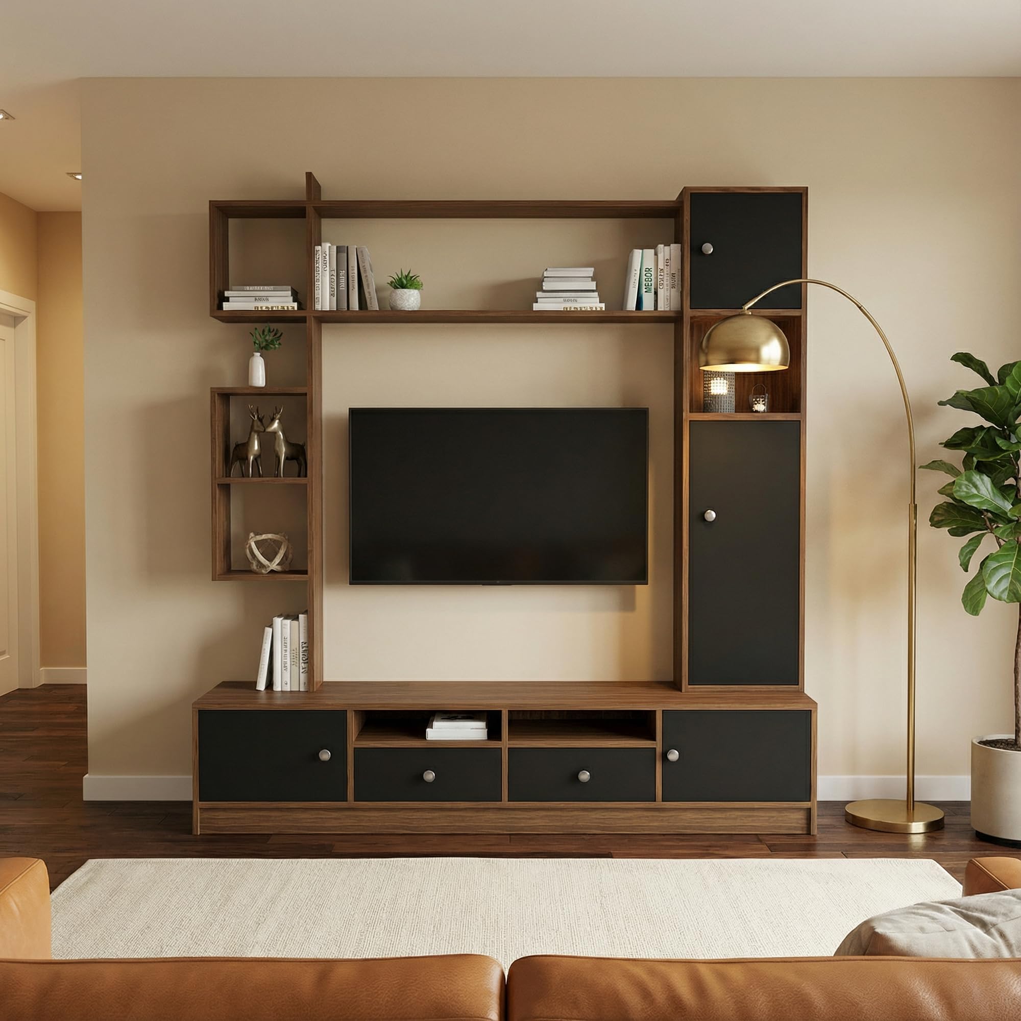 Elysian Media Engineering Wood Tv Entertainment Unit Set Top Box Stand/Tv Cabinet with Shelves for Books & Décor Display Unit Bed Living Room 50 Inches (Walnut & Black) | DIY (Do it Yourself)-image-4