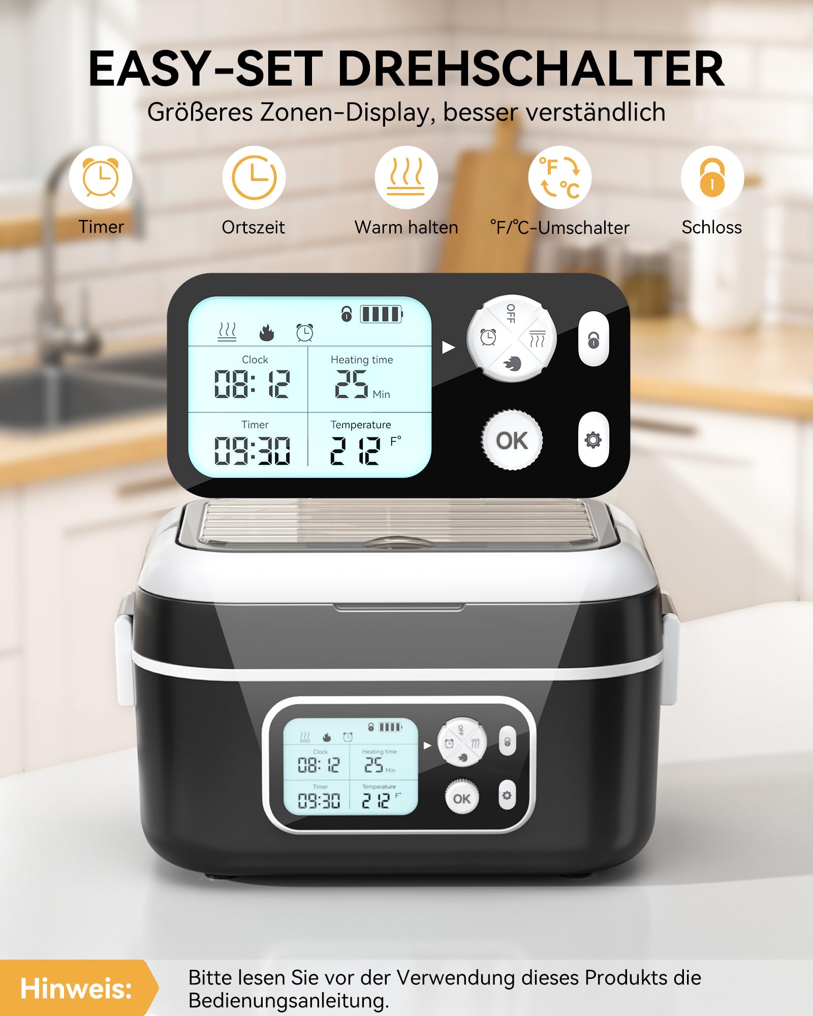 Yofidra Elektrische Lunchbox 1500ml, Heated Lunch Box | mit Akku | Digitalanzeige | Thermotasche | Löffel-Gabel-Kombination | Plastiktrennwand | Herausnehmbarer Trennplatte für Arbeit
