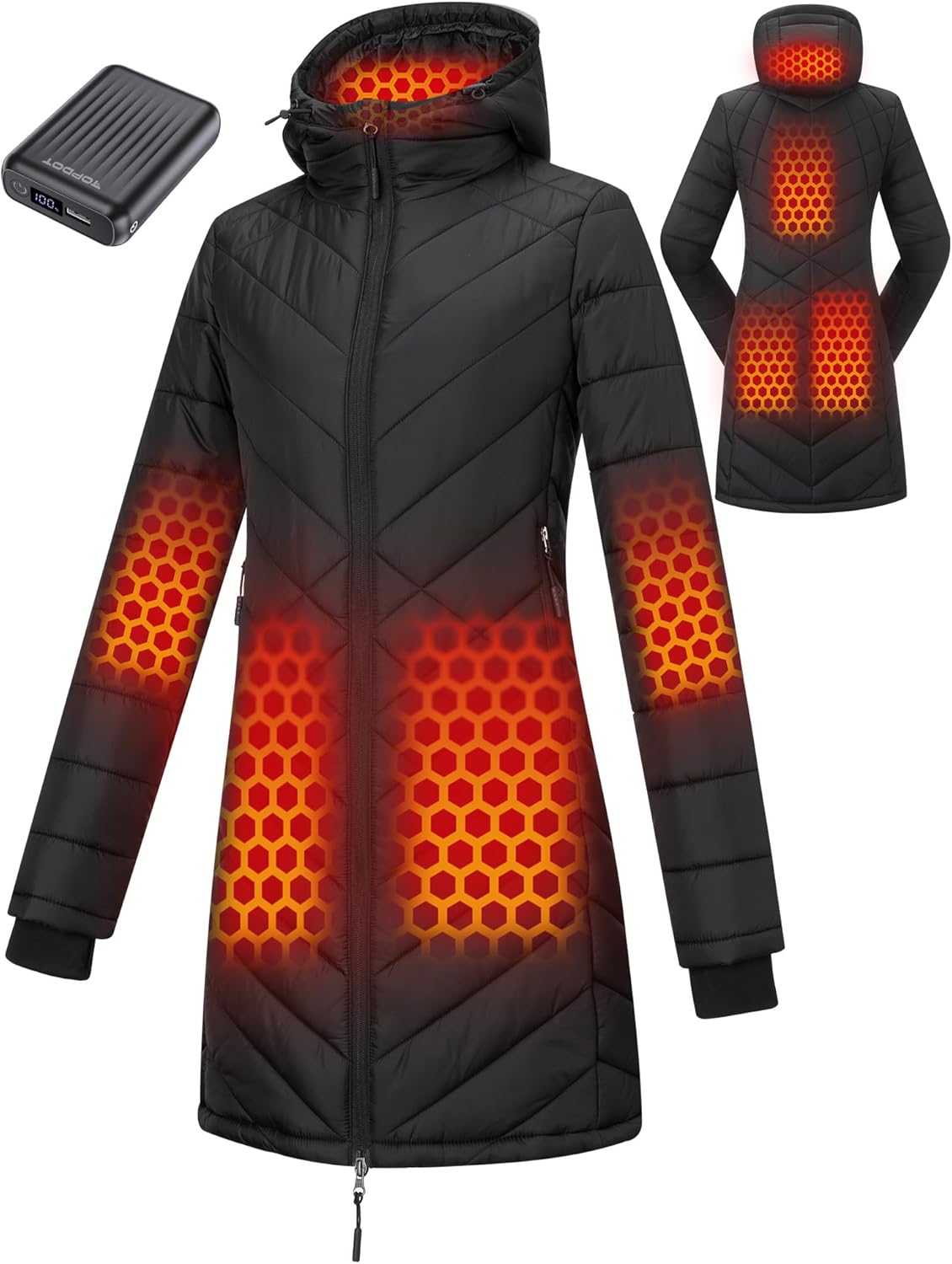 Topdot Graphene Long Heated Jackets for Women with 12V 18400mAh Battery Pack, 8 Heat Zones Hooded Heated Coat for Womens
