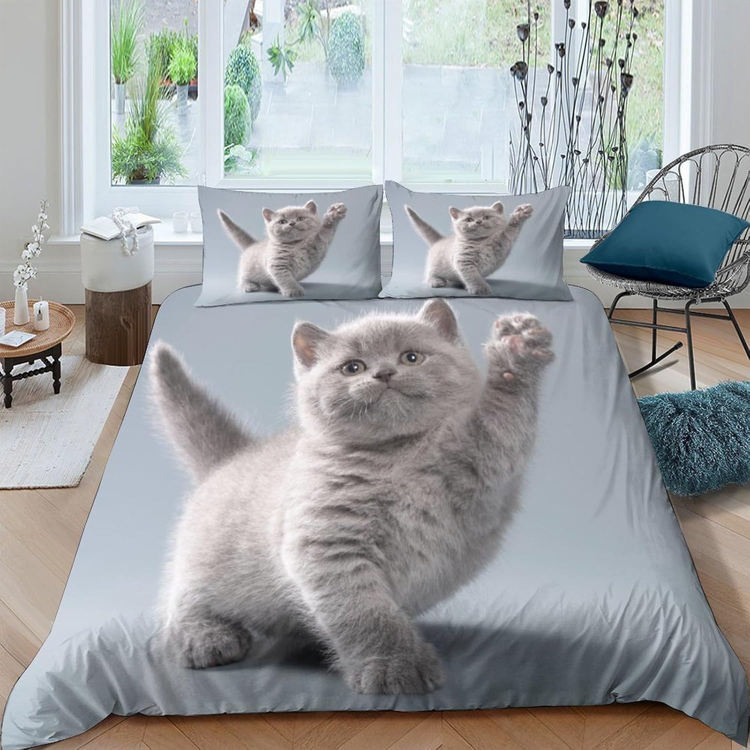 Housse de couette 240 x 260 en microfibre douce avec fermeture éclair chat bleu