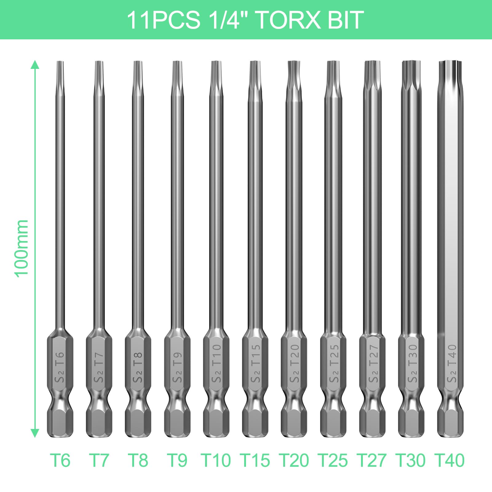 Set 11 Bit Torx Di Sicurezza 100 Mm | Punta Magnetica | Da 1/4" | T6-T40 | Per Cacciaviti Elettrici - Foto 7
