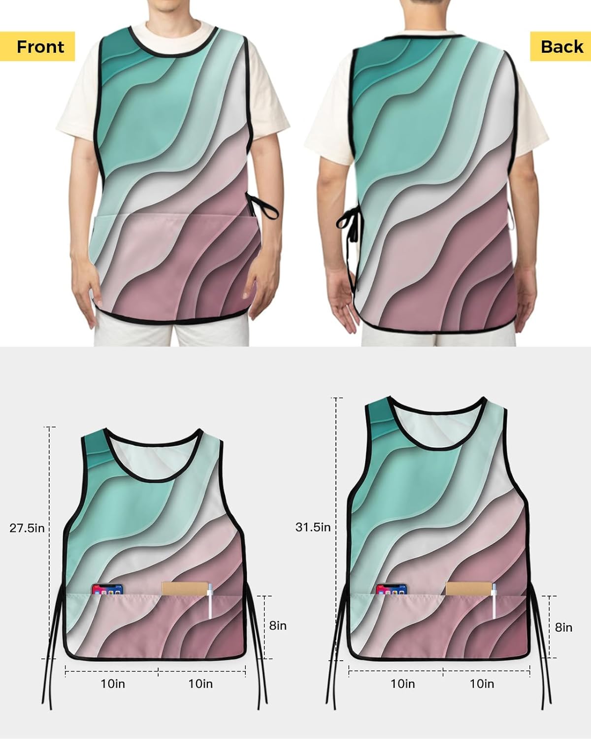Ombre Green Dark Red Cobbler Aprons with 2 Pockets for Women Men, Fashionable Printed Unisex Bib Waterproof Cleaning Smock Vest for Chef Kitchen Abstract Beach Ocean Seawaves 2 Packs, 20''x 31.5''
