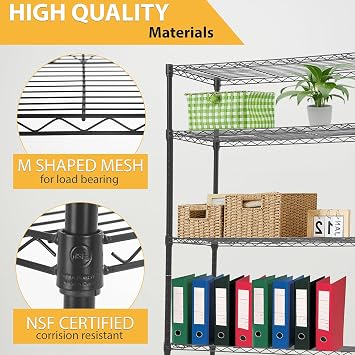 BMS 5-Tier Wire Shelving Unit Steel Large Metal Shelf Organizer Garage Storage Shelves Heavy Duty NSF Height Adjustable Commercial Grade Utility Storage Metal Rack on Wheels 14D x 30W x 60H,Black
