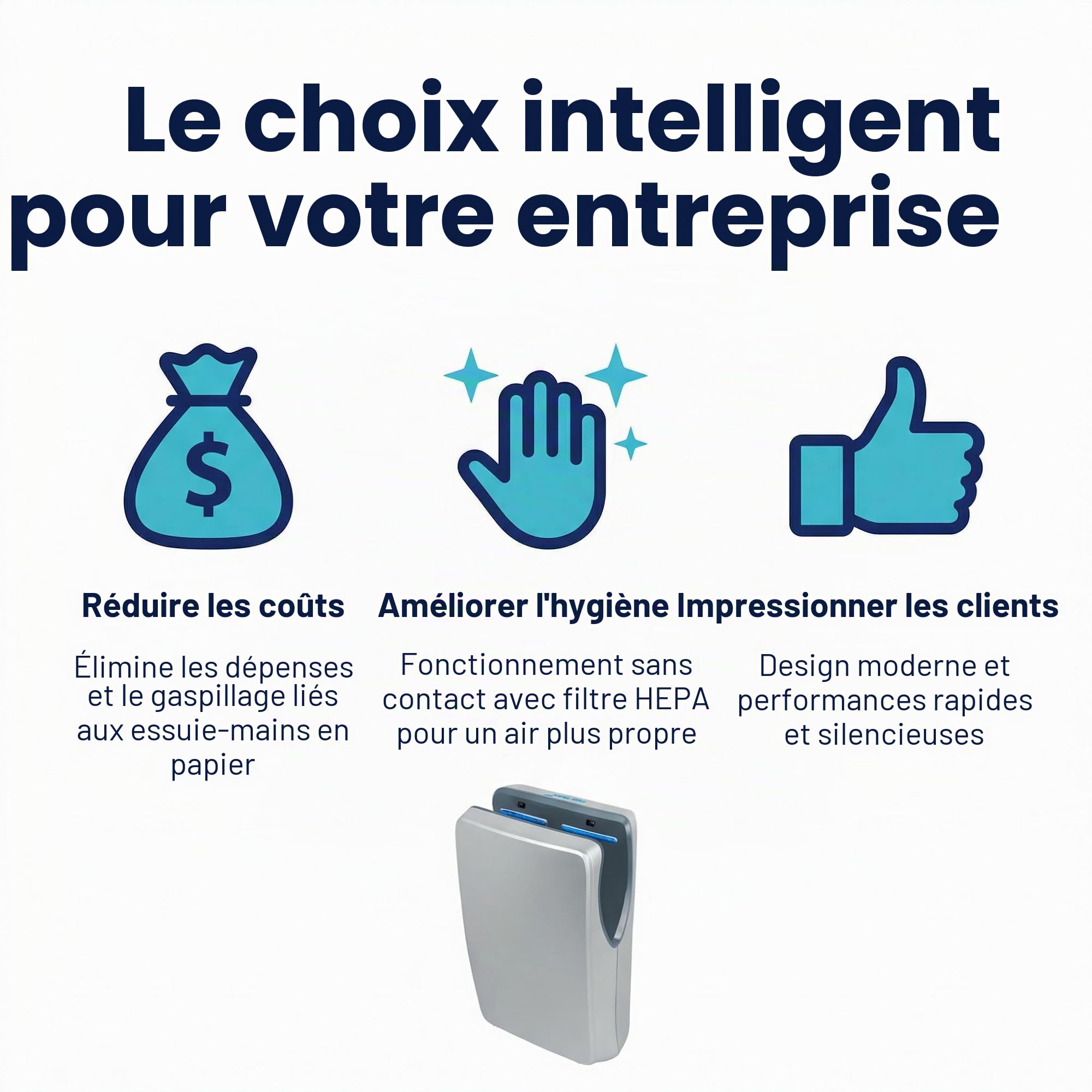 Jofel - Sèche-mains optique haute performance (540 Km/h) 1500 W, Sèche-mains automatique, rapide, type rideau, réservoir de collecte, modèle Jet Smart Boîtier ABS antibactérien, AA24550 Argent