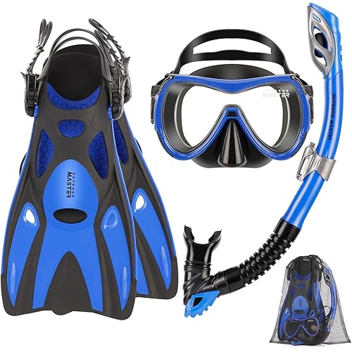 OutdoorMaster Mobula Snorkeling Gear for Adults,Mask Fins Snorkel Set with Panoramic View Anti-Fog, Dry Top Scuba Gear for Swimming Snorkeling Diving