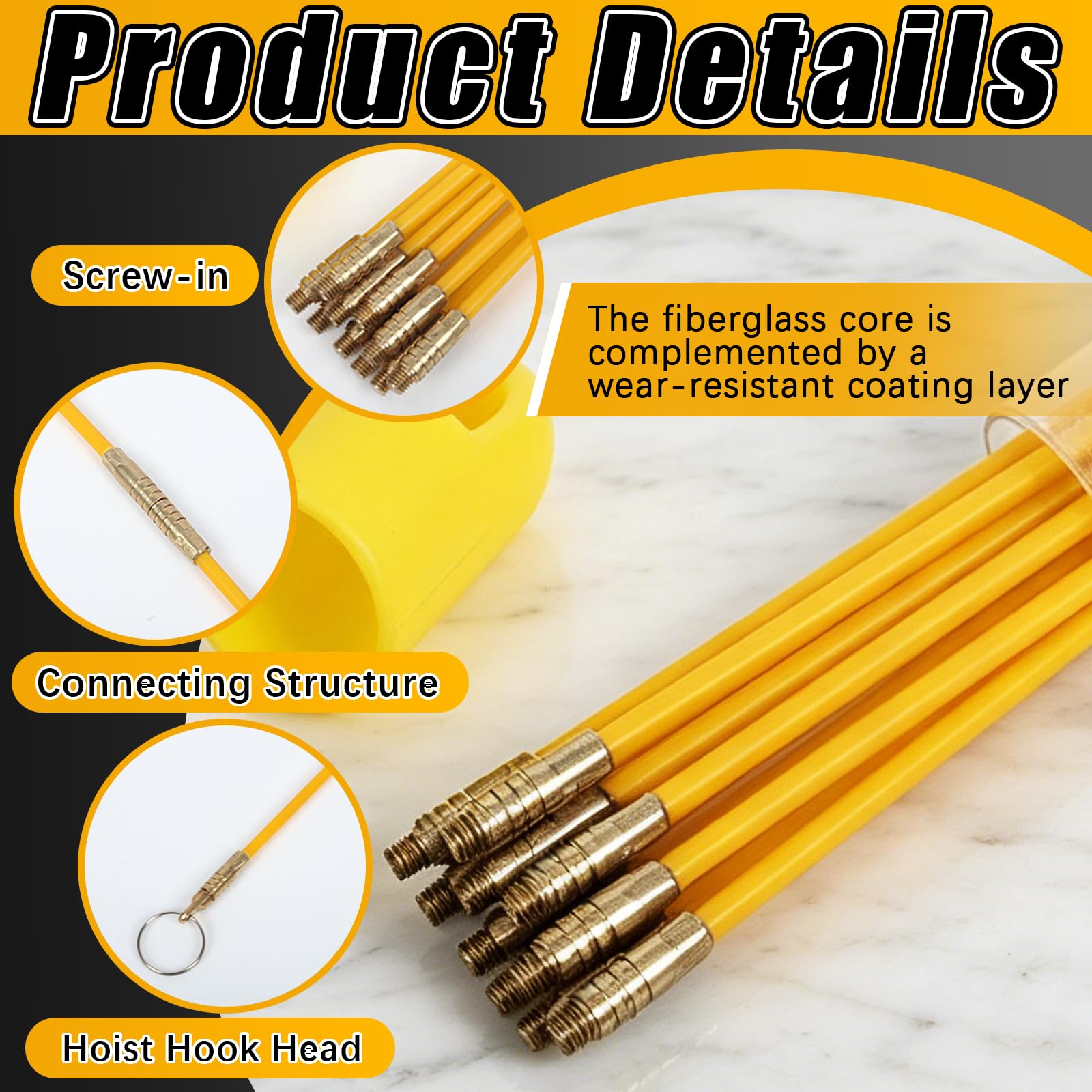 Sonda Passacavi Professionale, 4MM 10/15 Cavi in Fibra di Vetro Aste di Sonda Elettricista per Guaine Vuote Kit Estrattore Cavi Elettrici Collegabili per Condotti per Posa di Cavi (100cm*4mm*15pcs)