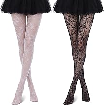 Cobee 2 Pairs of White Tights Women's Pattern Lace Floral Hollow Fishnet Tights Lolita Tights White Hollow Skirt Lace Tights
