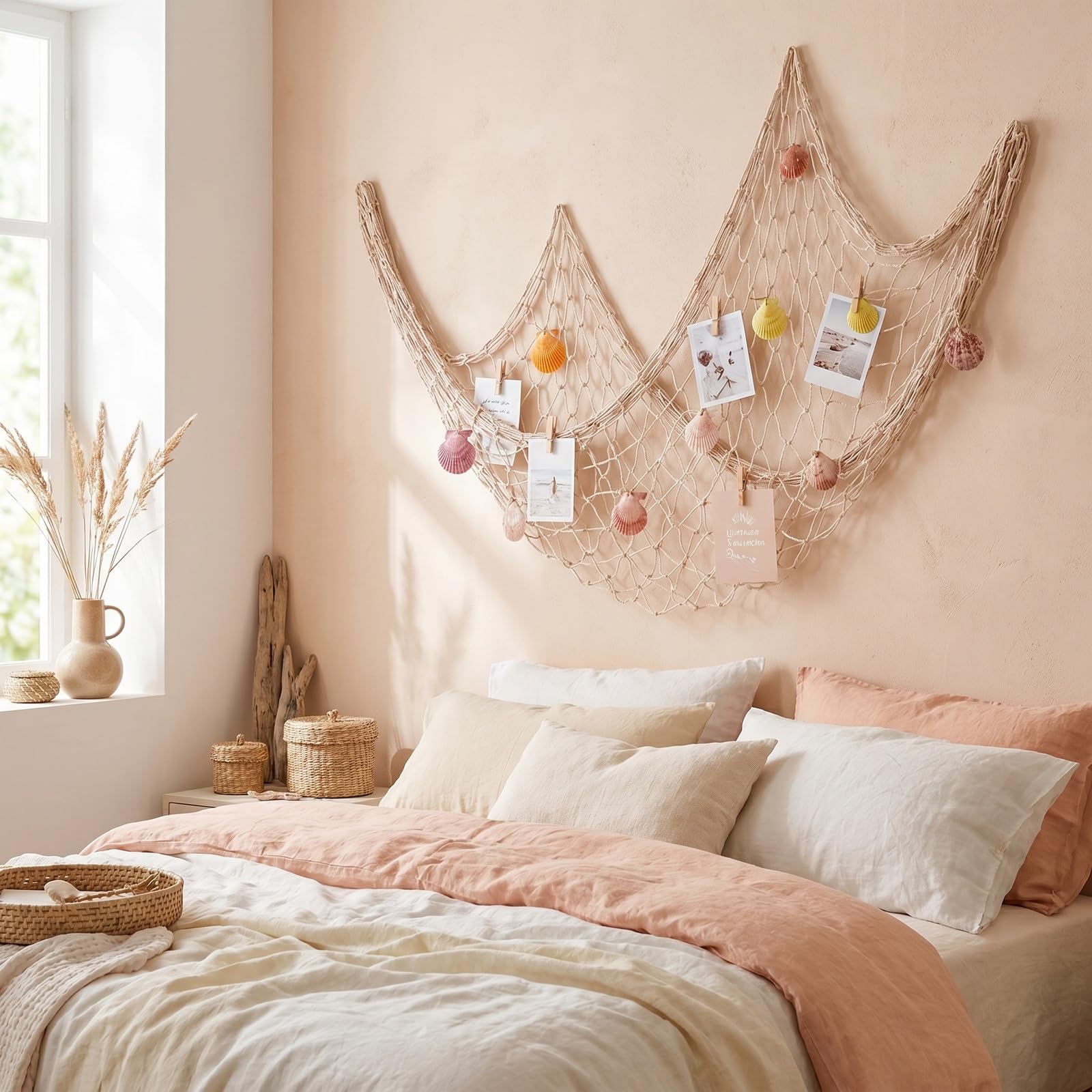 Fischernetz Deko 100x200cm Beige, mit Muscheln & Holz Schwimmer, Wandgitter Netz Baumwolle, Wanddeko zum Aufhängen für Wandteppich, Wohnzimmer, Fotowand, Badezimmer & Party