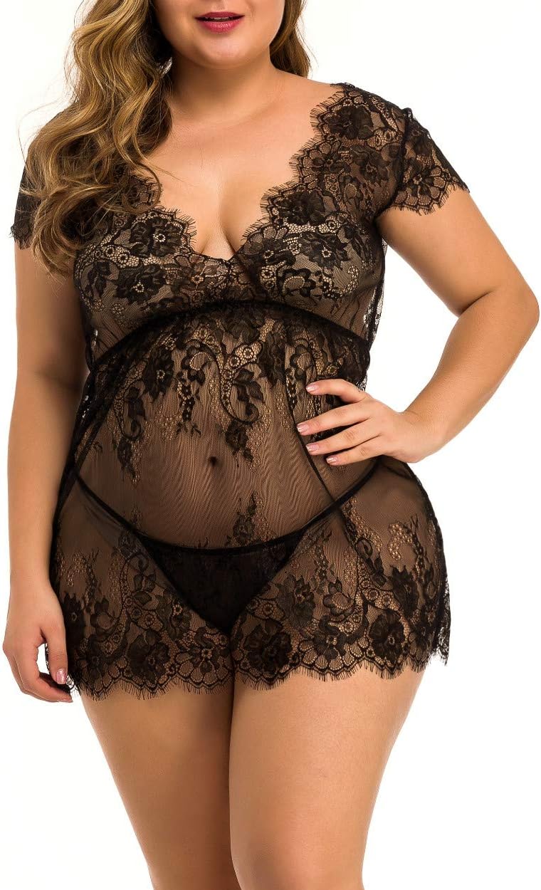 IVNIS Women Plus Size Lace Babydoll Lingerie V Neck Nightwear for Women Black 3XL
