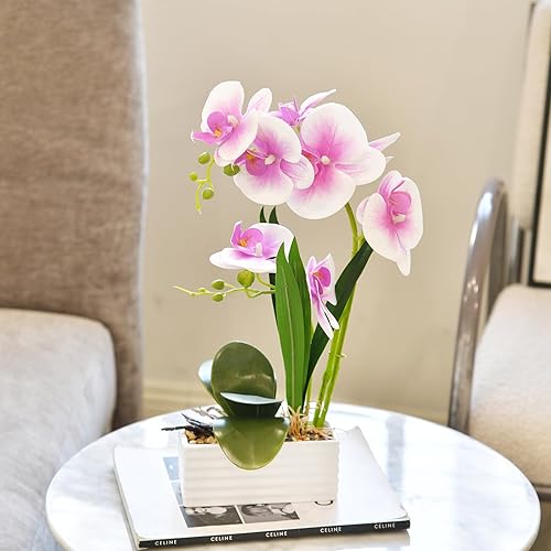 Vista 87 de Flores artificiales de orquídea de tacto real en maceta, flor falsa de Phalaenopsis con jarrón de cerámica blanca, arreglo de orquídeas sintéticas
