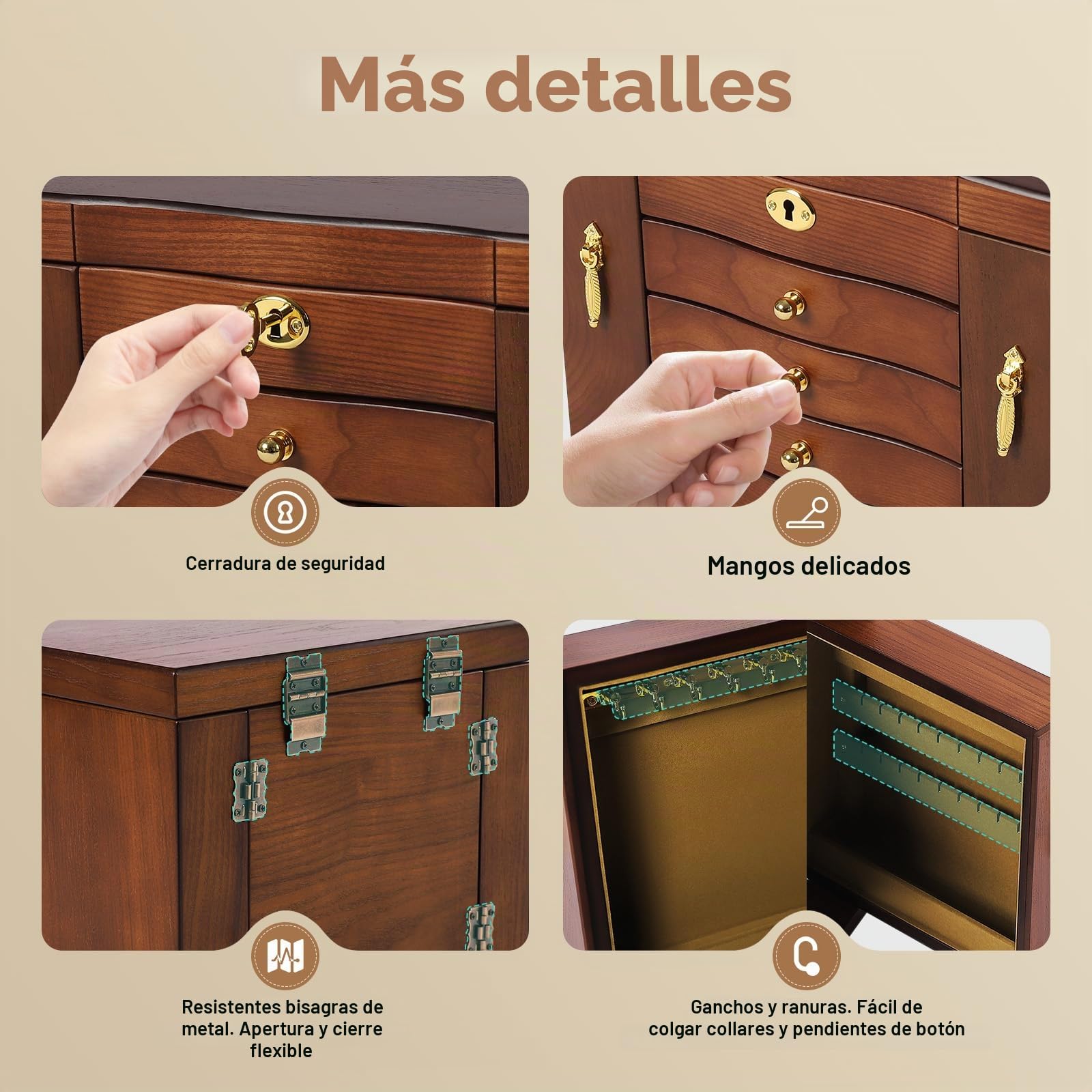 Joyero retro de 5 capas, joyero de madera marrón, organizador para mujeres con espejo y 4 cajones, gran capacidad