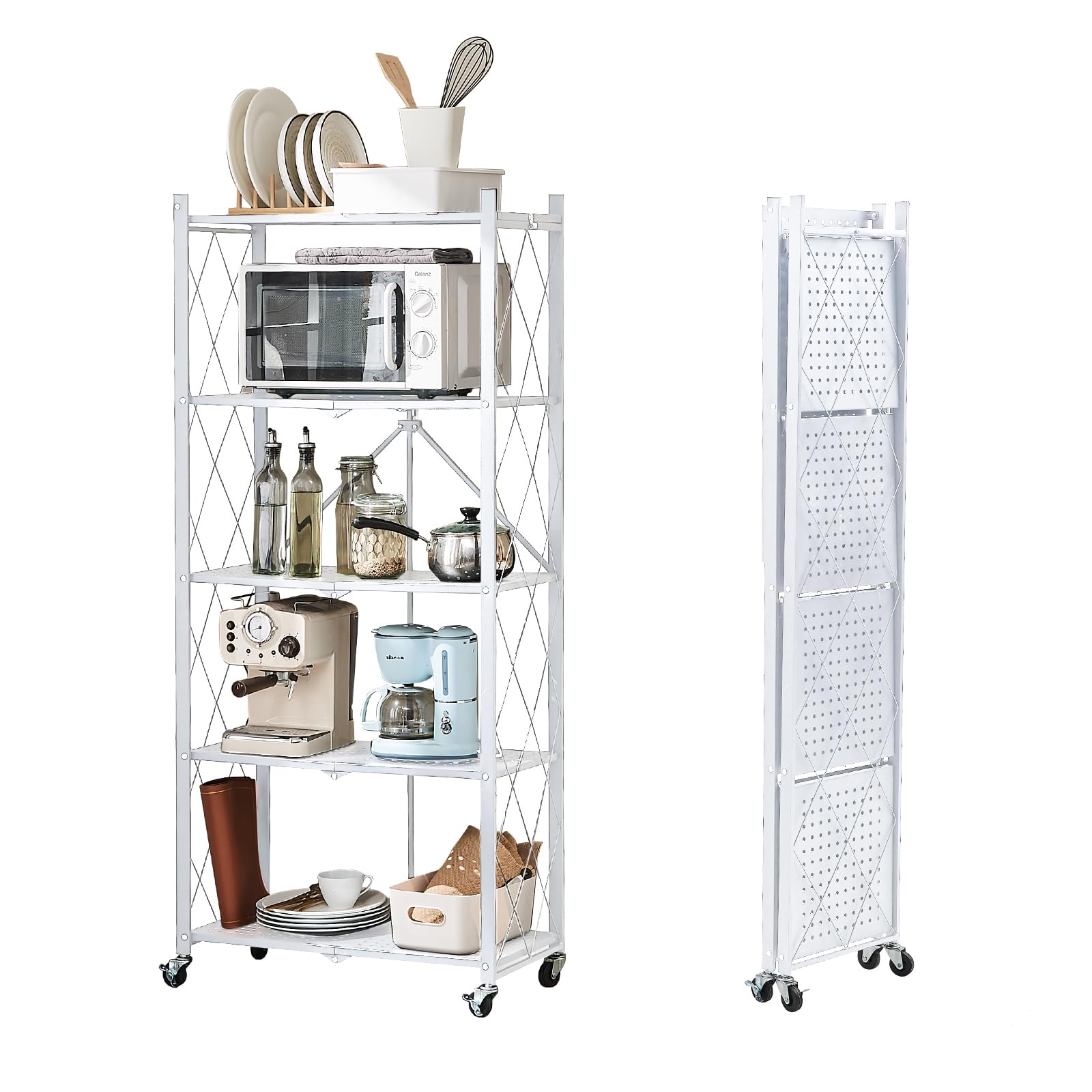 BRIAN & DANY Folding Shelf with Wheels, 5 Tiers Foldable Storage Shelves, Metal Shelving Unit for Kitchen Living Room, 71x 33x 158 cm (White)