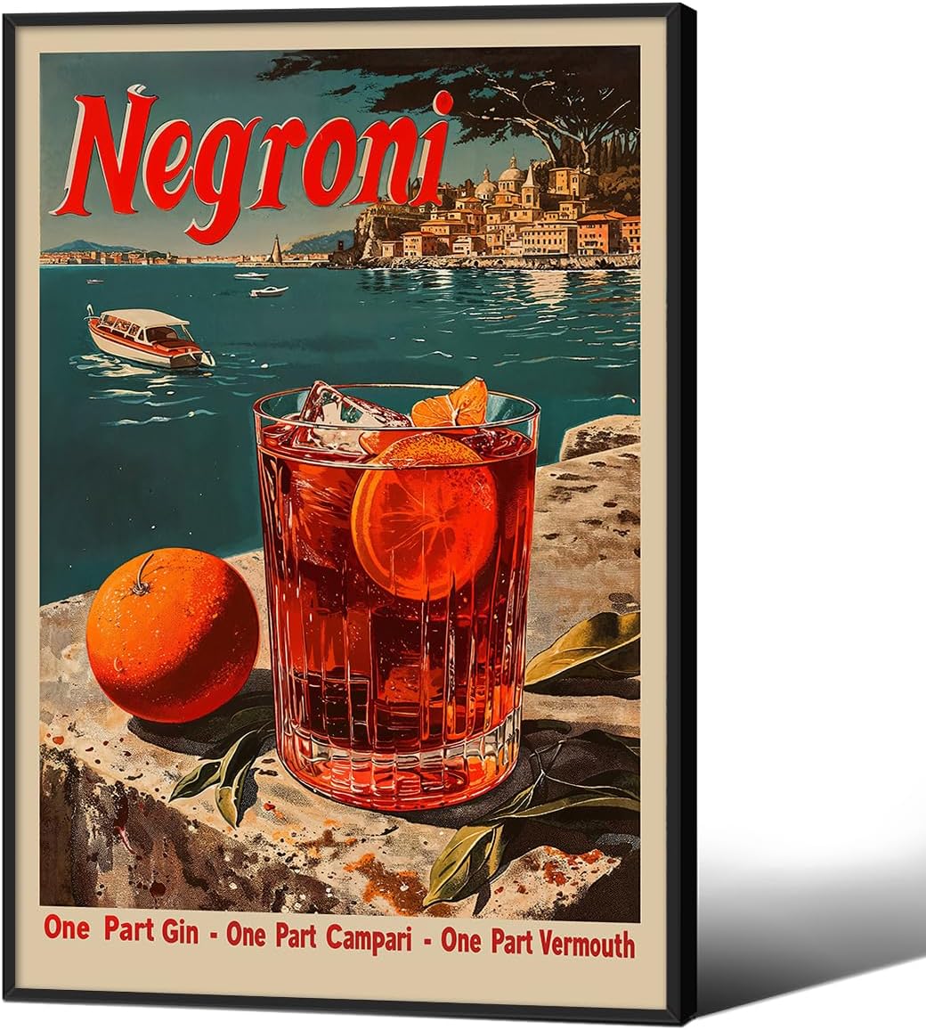 Negroni Cocktail Poster Retro Martini Alcohol Drink Wall Art Vintage Bar Cart Decor Fashion Fruit Orange Canvas Prints 16x24 inch Black Framed for Dining Room Kitchen Wall Decor