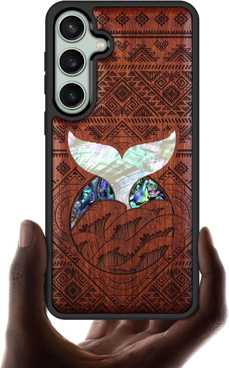Carveit Designer Wooden Case for Samsung Galaxy S23 FE Cover [Wood Engraving & Shell Inlay] Compatible with Wireless Chargers S23 FE Case (Whale Tail-Walnut)