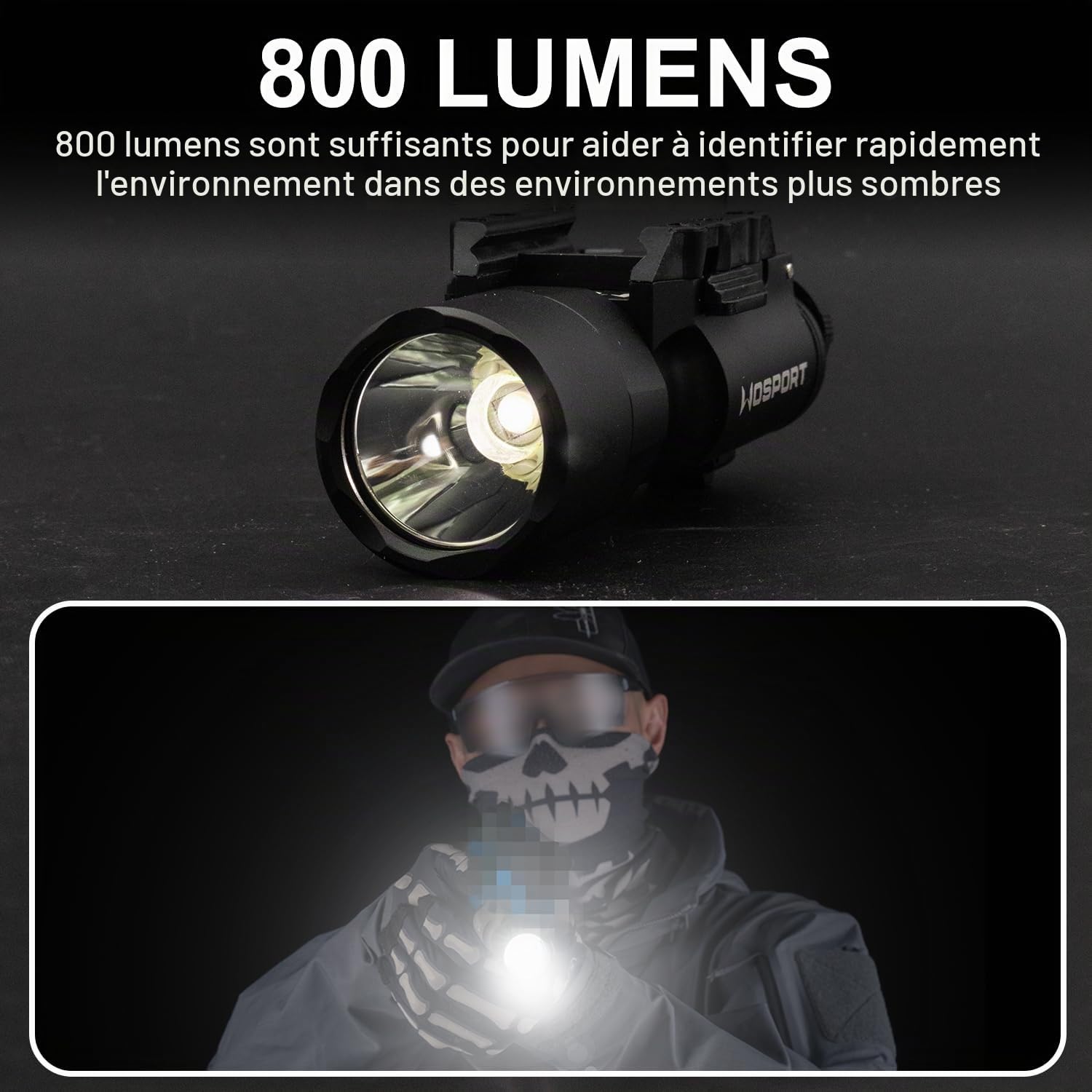 Zhongren X300 Lampe torche tactique pour airsoft 800 lumens Blanc 2 modes Lumière constante / momentanée (Noir)