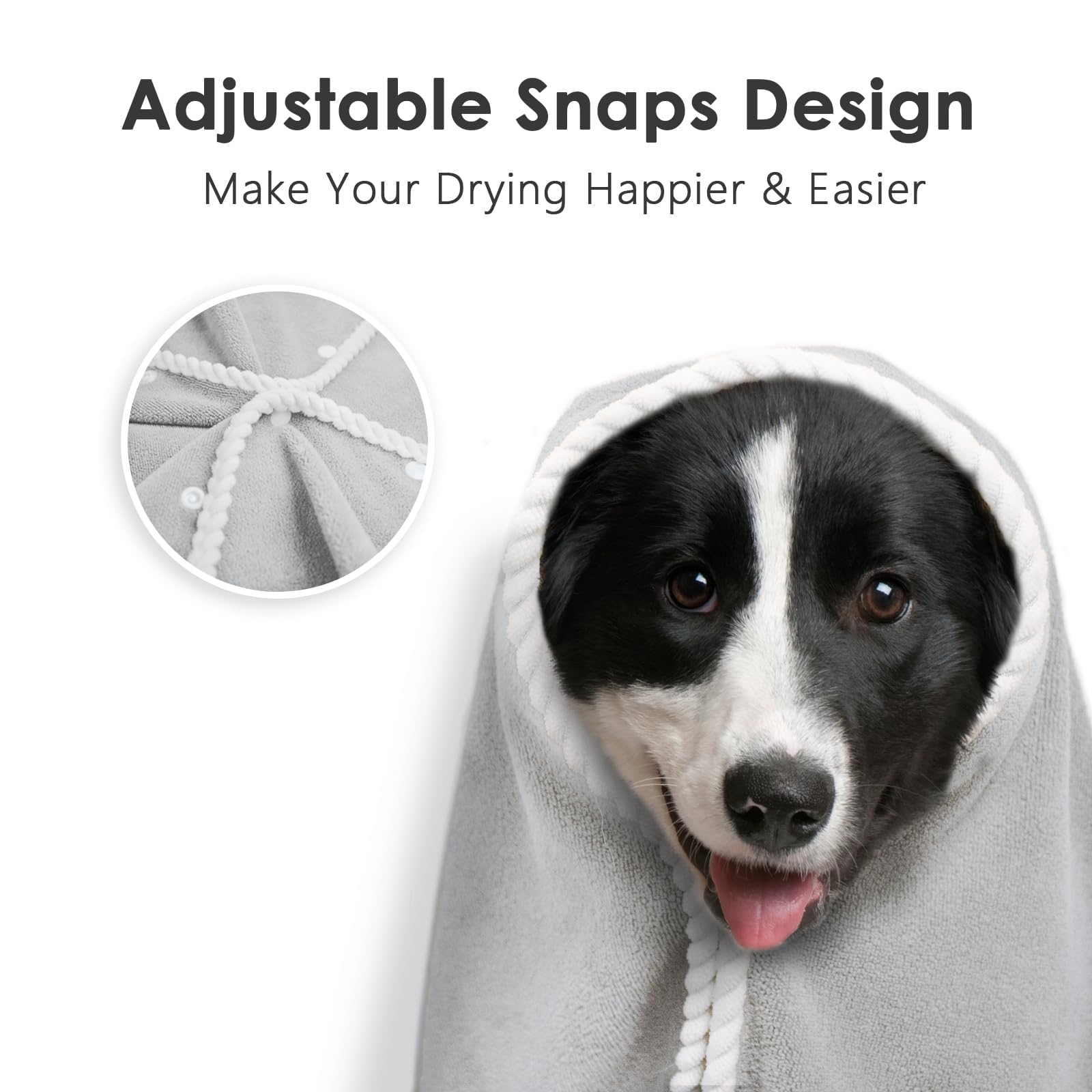 JustPawpal Dog Towel - Absorbent Soft Microfiber Towels for Drying Dogs Extra Large, Large, Medium, Small - Pet Bath, Grooming Towels - Adjustable Snaps (Grey, 56